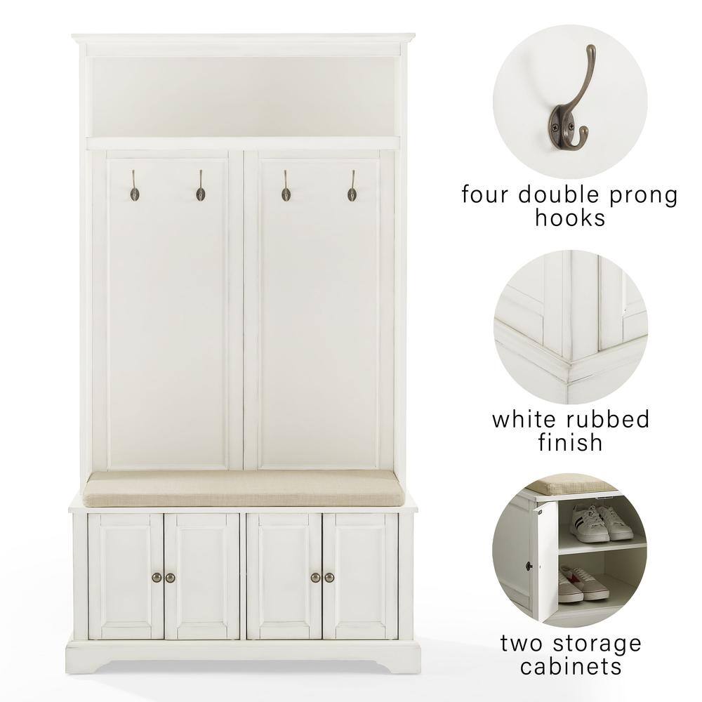 four double prong hooks  
white rubbed finish  
two storage cabinets
