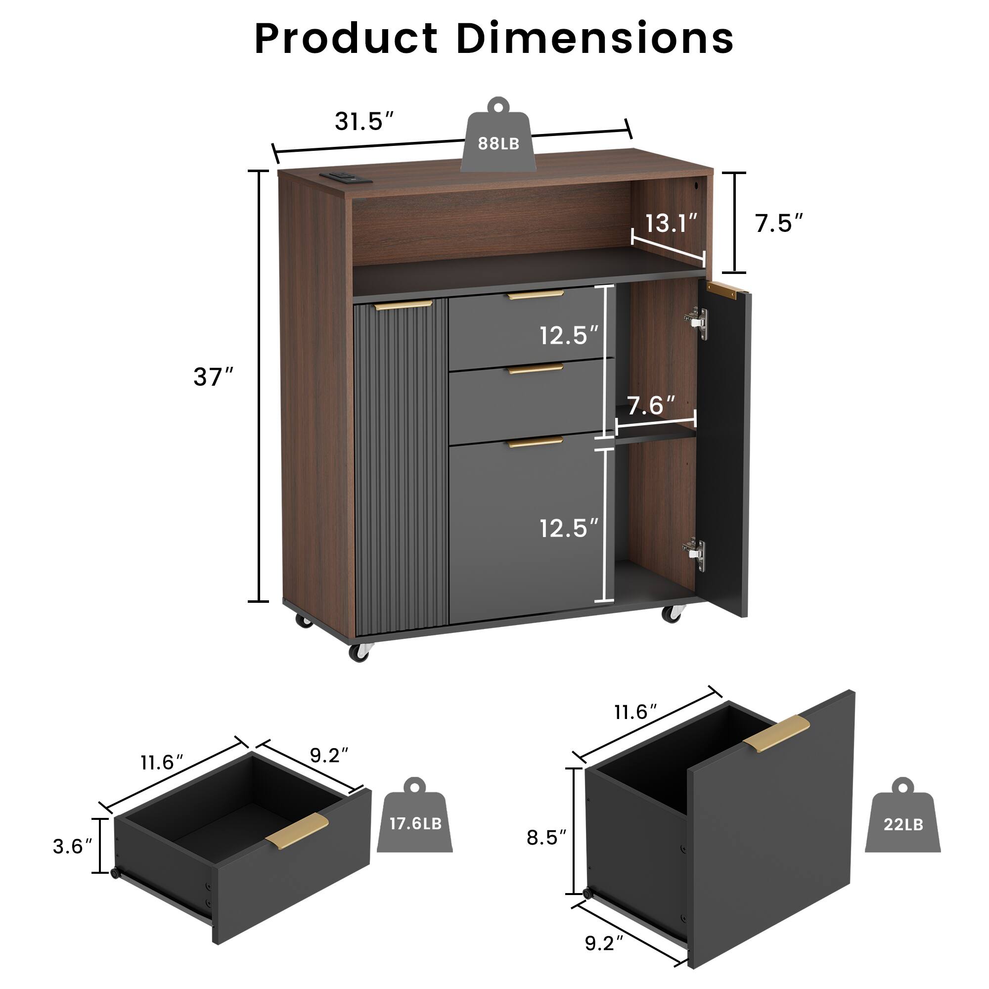 Product Dimensions:  
- 31.5" (88LB)  
- 13.1"  
- 7.5"  
- 12.5"  
- 7.6"  
- 12.5"  
- 37"  
- 11.6"  
- 9.2"  
- 3.6" (17.6LB)  
- 8.5"  
- 9.2" (22LB)