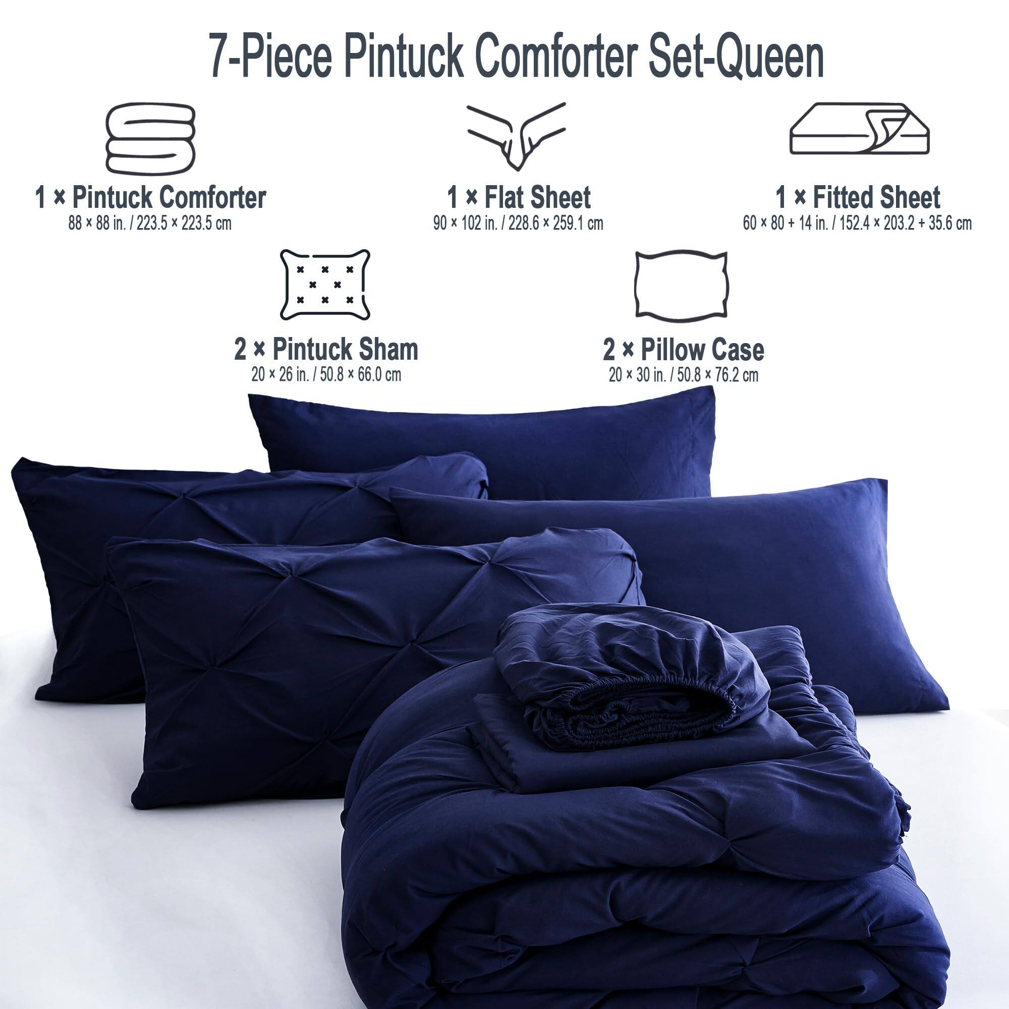 7-Piece Pintuck Comforter Set-Queen

1 x Pintuck Comforter  
88 x 88 in. / 223.5 x 223.5 cm

1 x Flat Sheet  
90 x 102 in. / 228.6 x 259.1 cm

1 x Fitted Sheet  
60 x 80 + 14 in. / 152.4 x 203.2 + 35.6 cm

2 x Pintuck Sham  
20 x 26 in. / 50.8 x 66.0 cm

2 x Pillow Case  
20 x 30 in. / 50.8 x 76.2 cm
