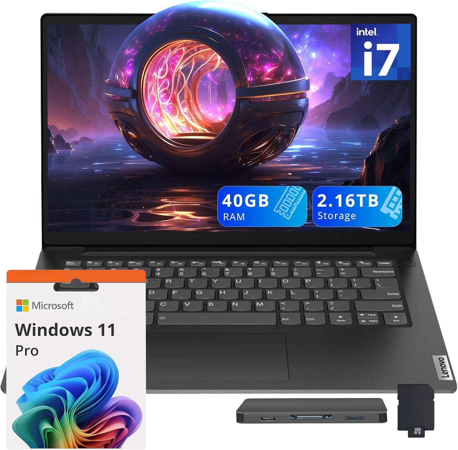 Lenovo - V14 14" FHD Laptop, Intel i7-13620H, 40GB DDR4 RAM, 2TB SSD, Intel UHD Graphics, Win 11 Pro+128GB Docking Station - Black