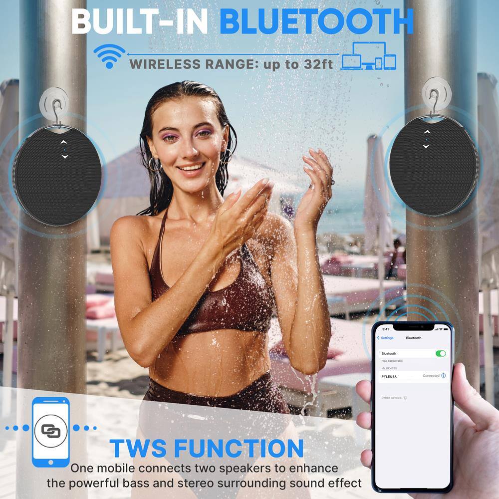 BUILT-IN BLUETOOTH  
WIRELESS RANGE: up to 32ft  

TWS FUNCTION  
One mobile connects two speakers to enhance the powerful bass and stereo surrounding sound effect