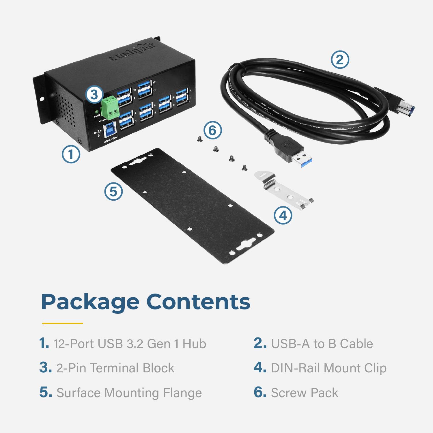 CE 2 3 - 1 : I - a 6 5 4 Package Contents

1. 12-Port USB 3.2 Gen 1 Hub  
2. USB-A to B Cable  
3. 2-Pin Terminal Block  
4. DIN-Rail Mount Clip  
5. Surface Mounting Flange  
6. Screw Pack