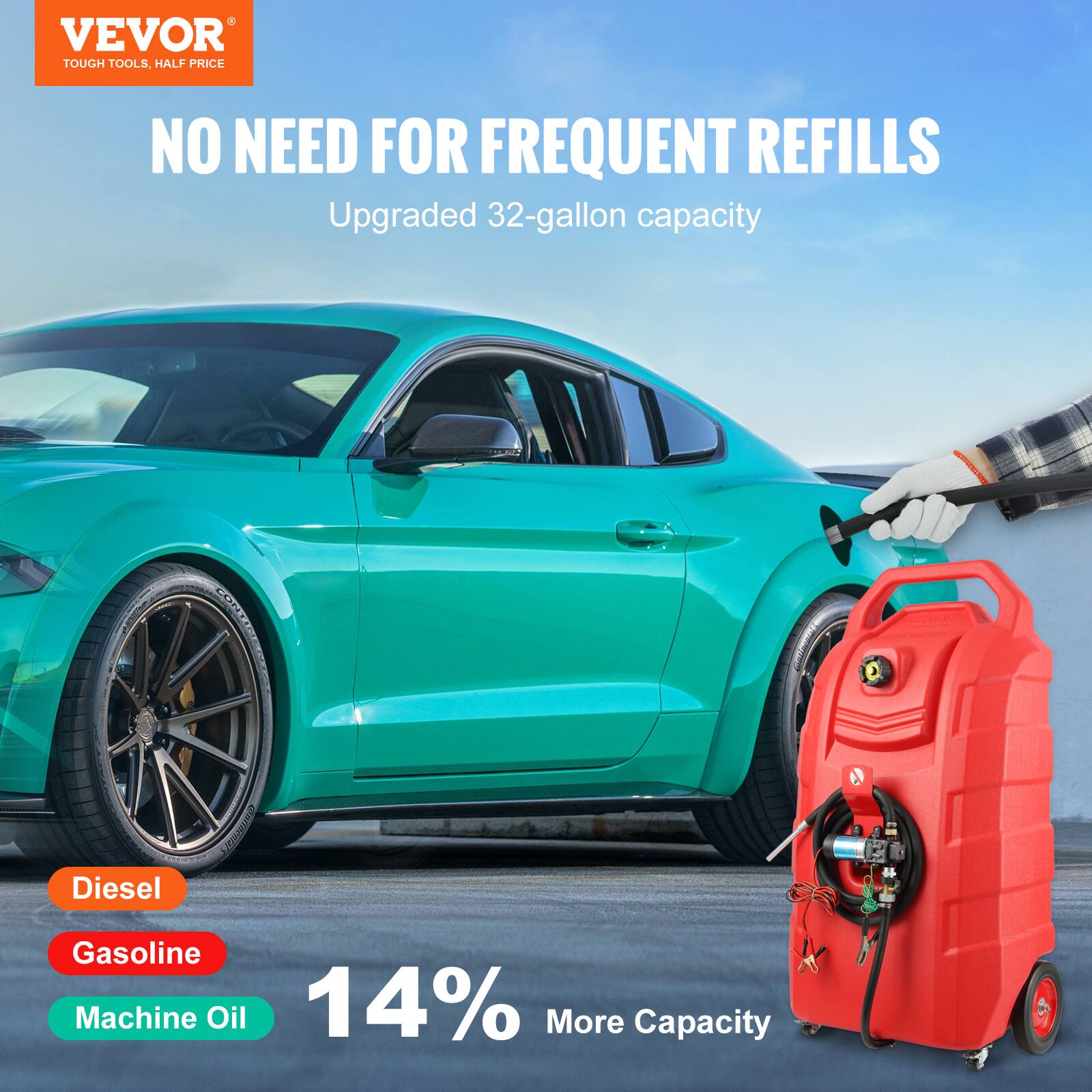 VEVOR TOUGH TOOLS. HALF PRICE NO NEED FOR FREQUENT REFILLS Upgraded 32-gallon capacity 14% More Capacity Diesel Gasoline Machine Oil