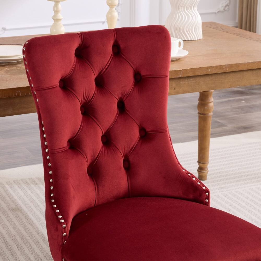 Alt View 4. Loheer - Loheer Burgundy Velvet Tufted Dining Chairs Set of 2 High Back Solid Wood Legs - Burgundy.