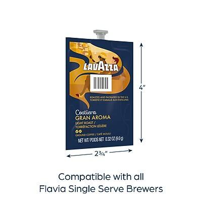 LAVAZZA  
Costiera  
GRAN AROMA  
LIGHT ROAST / TORFACTION LÉGÈRE  
GROUND COFFEE  
NET WT Poids Net 0.32 OZ (9 g)  

Compatible with all Flavia Single Serve Brewers