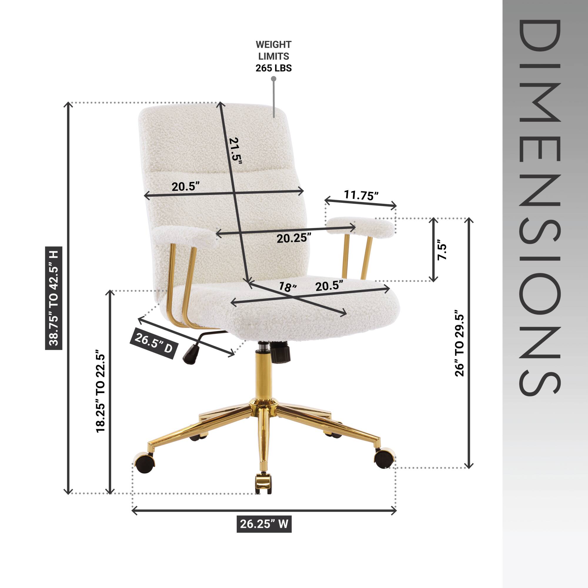 Sure, here is the corrected and grouped text from the image:

**Dimensions:**
- Height (H): 42.5"
- Depth (D): 26.5"
- Width (W): 26.25"
- Seat Height: 18.25" to 22.5"
- Seat Depth: 20.5"
- Seat Width: 20.5"
- Back Height: 38.75"
- Armrest Height: 21.5"
- Armrest Width: 11.75"
- Seat Depth: 20.5"
- Seat Width: 20.5"
- Back Height: 38.75"
- Armrest Height: 21.5"
- Armrest Width: 11.75"
- Seat Depth: 20.5"
- Seat Width: 20.5"
- Back Height: 38.75"
- Armrest Height: 21.5"
- Armrest Width: 11.75"
- Seat Depth: 20.5"
- Seat Width: 20.5"
- Back Height: 