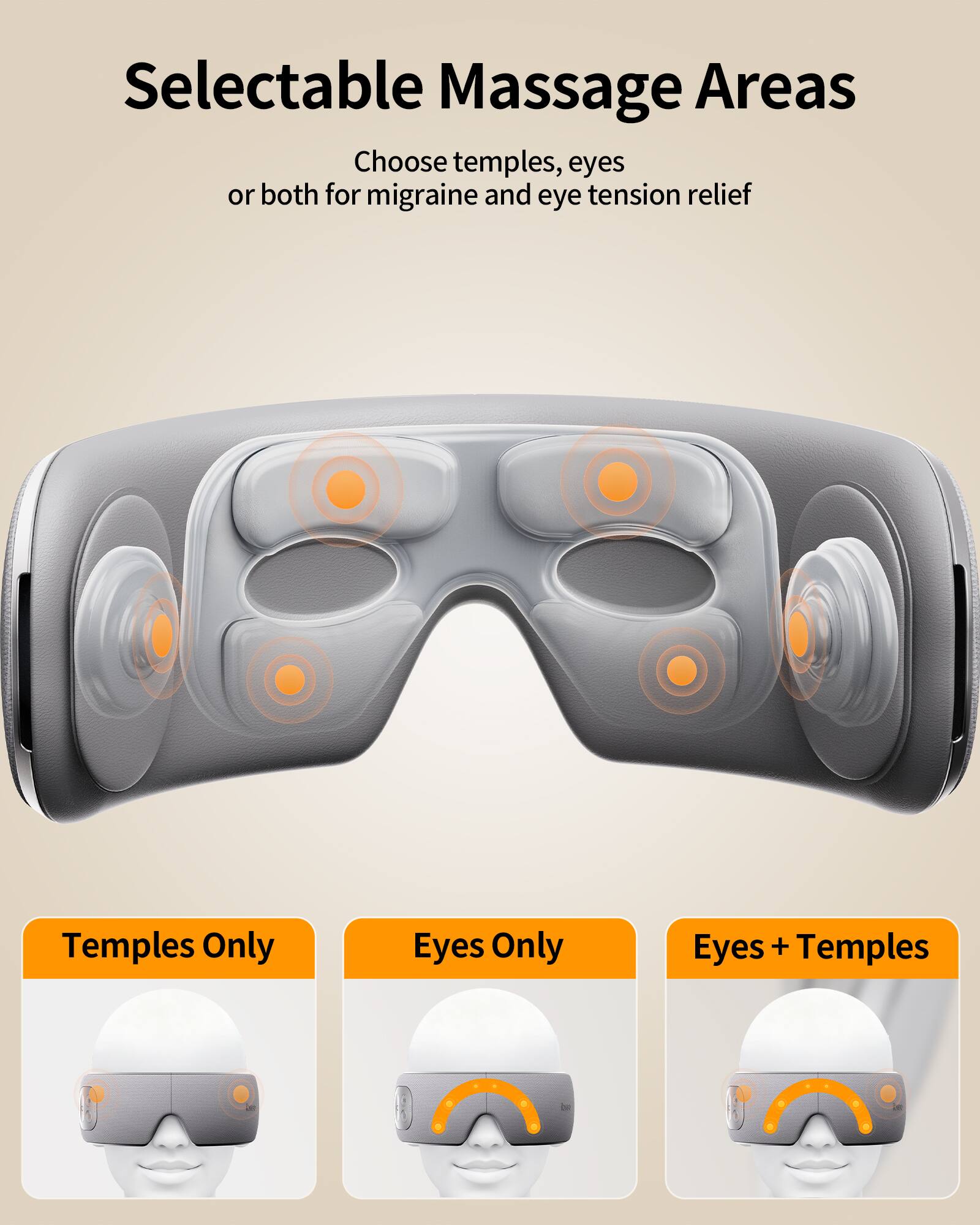 Selectable Massage Areas  
Choose temples, eyes or both for migraine and eye tension relief  
Temples Only  
Eyes Only  
Eyes + Temples