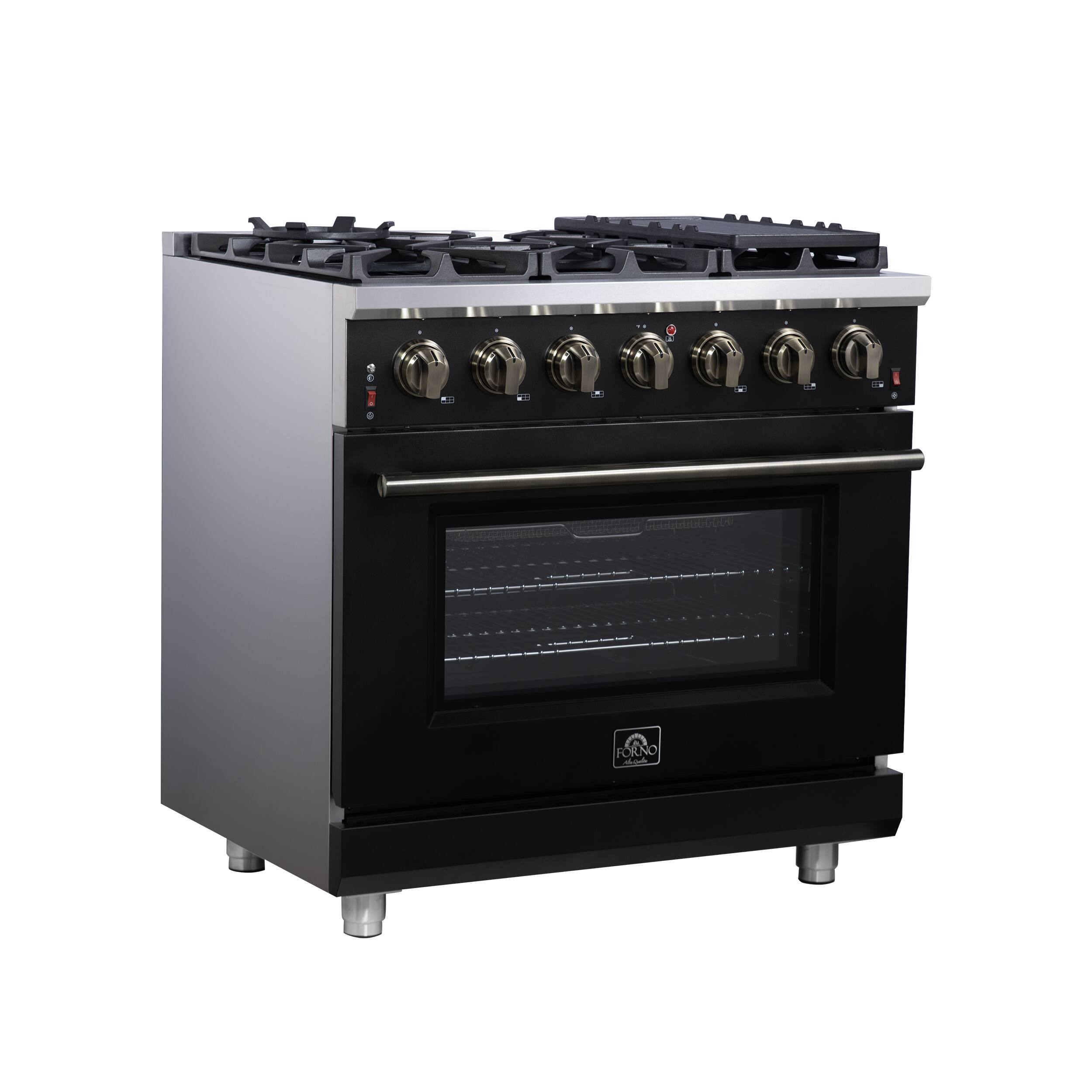 Left. Forno Appliances - Massimo 5.36 Cu. Ft. Freestanding Gas Convection Range with Air Fryer Kit, Wok Support & Griddle - Black.
