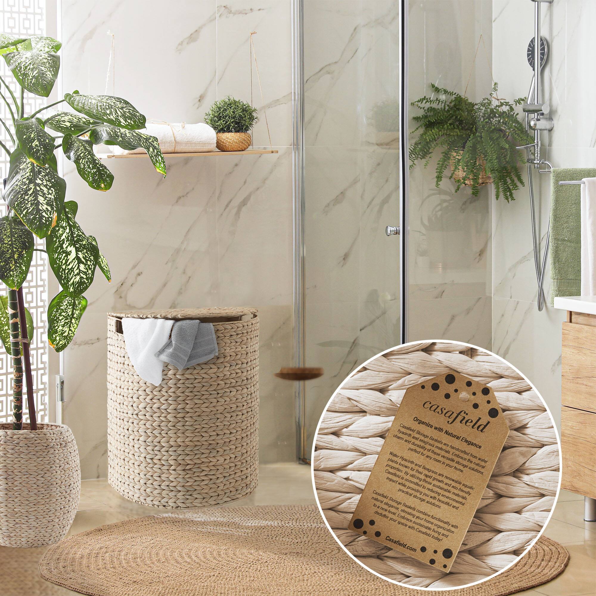 casafield

Organize storage with Natural Elegance

Casafield's bathroom storage baskets are made from natural materials, offering a stylish and sustainable solution for organizing your bathroom. These baskets are perfect for storing towels, toiletries, and other bathroom essentials. They are crafted from woven seagrass, a renewable resource that is both durable and eco-friendly. The baskets are designed to fit seamlessly into any bathroom decor, adding a touch of natural elegance to your space.

- **Material:** Seagrass
- **Dimensions:** Various sizes available
- **Color:** Natural
- **Design:** Woven texture
- **Functionality:** Ideal for storing towels, toiletries, and other bathroom items
- **Care Instructions:** Wipe clean with a damp cloth. Avoid exposure to direct sunlight and water to maintain the natural color and texture.

Casafield.com
