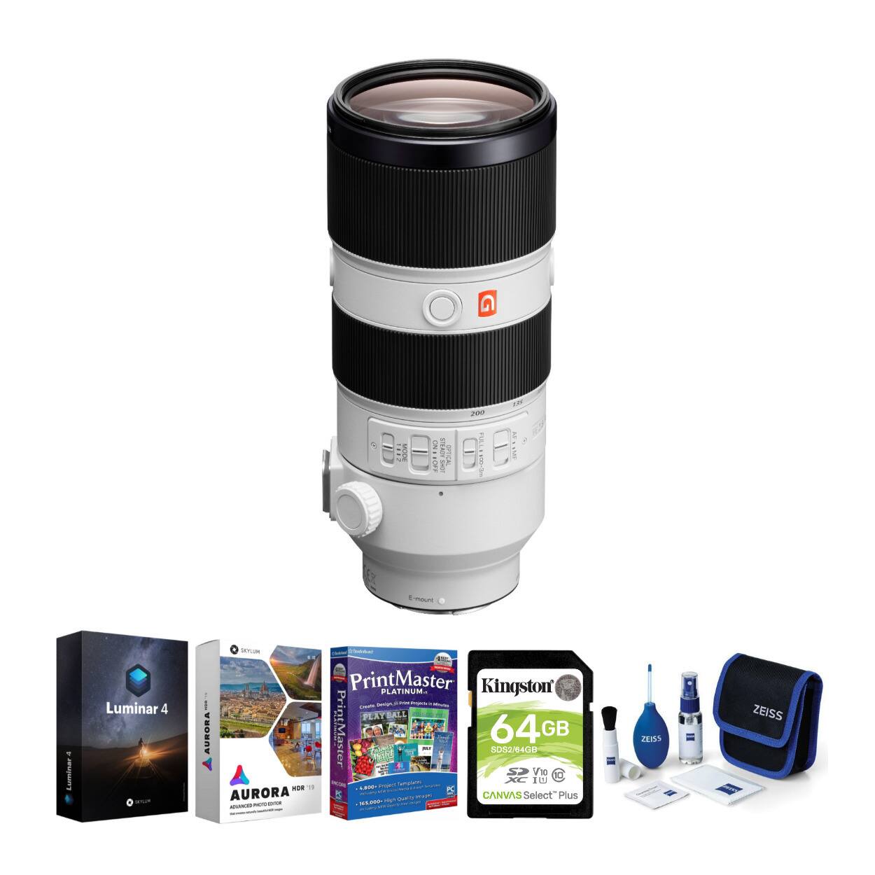 - Luminar 4
- Aurora HDR
- PrintMaster Platinum
- Kingston 64GB SDXC UHS-II
- Zeiss Lens Cleaning Kit
- CANVAS Select Plus
- E-mount Lens