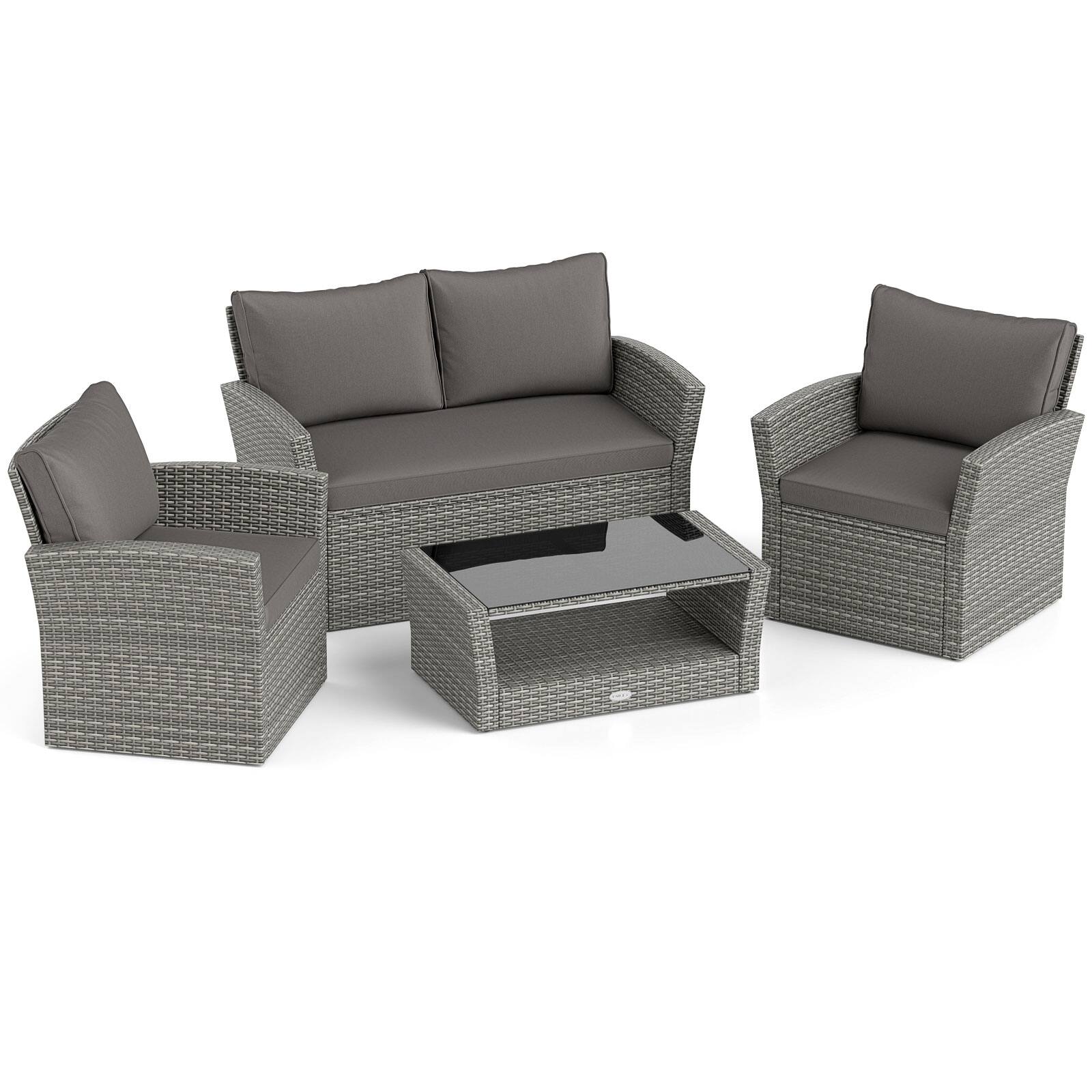 Alt View 7. Gymax - Gymax Set Of 8 Patio Furniture Set w/ 4 Rattan Chairs Loveseat Coffee Table Cushions - Mix Gray.