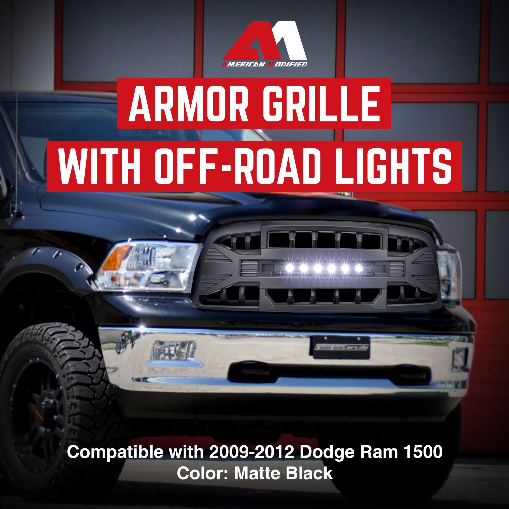 M1  
ARMOR GRILLE WITH OFF-ROAD LIGHTS  
Compatible with 2009-2012 Dodge Ram 1500  
Color: Matte Black