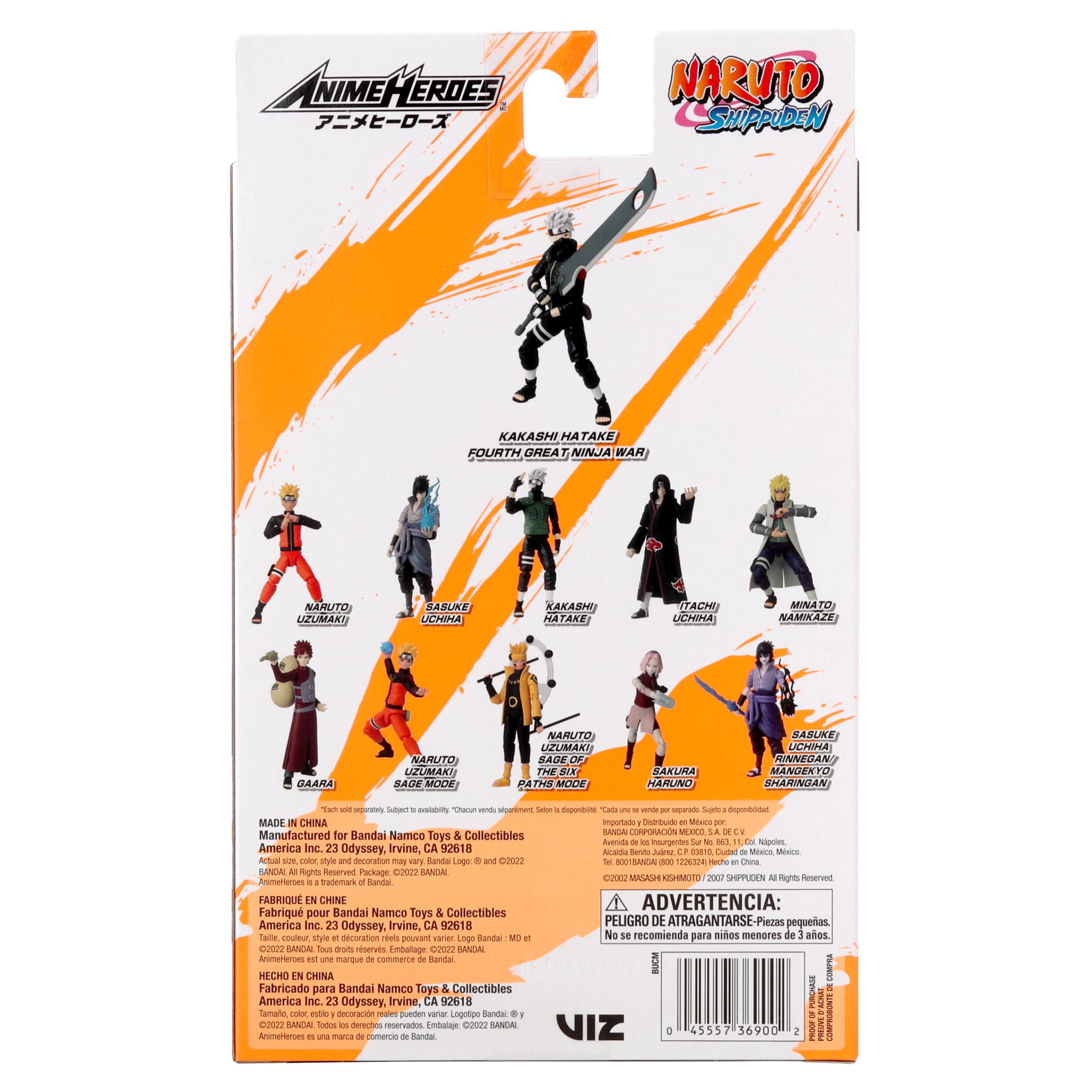 ANIME HEROES  
NARUTO SHIPPUDEN  
KAKASHI HATAKE  
FOURTH GREAT NINJA WAR  

NARUTO UZUMAKI  
SASUKE UCHIHA  
GAARA  
NARUTO UZUMAKI  
SAGE MODE  
NARUTO UZUMAKI  
BAGE OF THE NIX  
SASUKE UCHIHA  
RINNEGAN  
MANGEKYO SHARINGAN  

Subect nabity Charum ued oursmurt Sete Aagporbine Tam spoato Su unb MADE CHINA impurtado hwrnuume Mosee Manufactured Bandai Namco SANCA CORPORACIN MURI for Toys Collectibles Averurs insurgentes Tipules America inc. Odyssey, Irvine, CA 92618 Acalda Sanits Aurer ad Cuda Mxica -E Ats oo atve decoration na Banda ngo 02023 NeTANA do0 ERU ere hine SANDA Hights Reserved kage C ANCAL 02000 MASANS EHMOTO 20 SHIPPLDEN gnta nesenn Anitemeries trademark Randal
