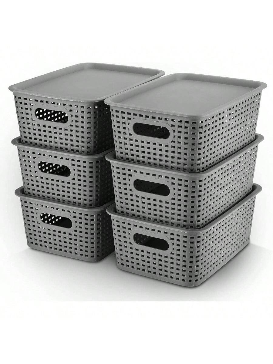 Front. Live At Space - Plastic Storage Baskets Bins With Lid Organizing Container Lidded Knit Storage Organizer Bins Shelves Drawers Desktop - Gray.