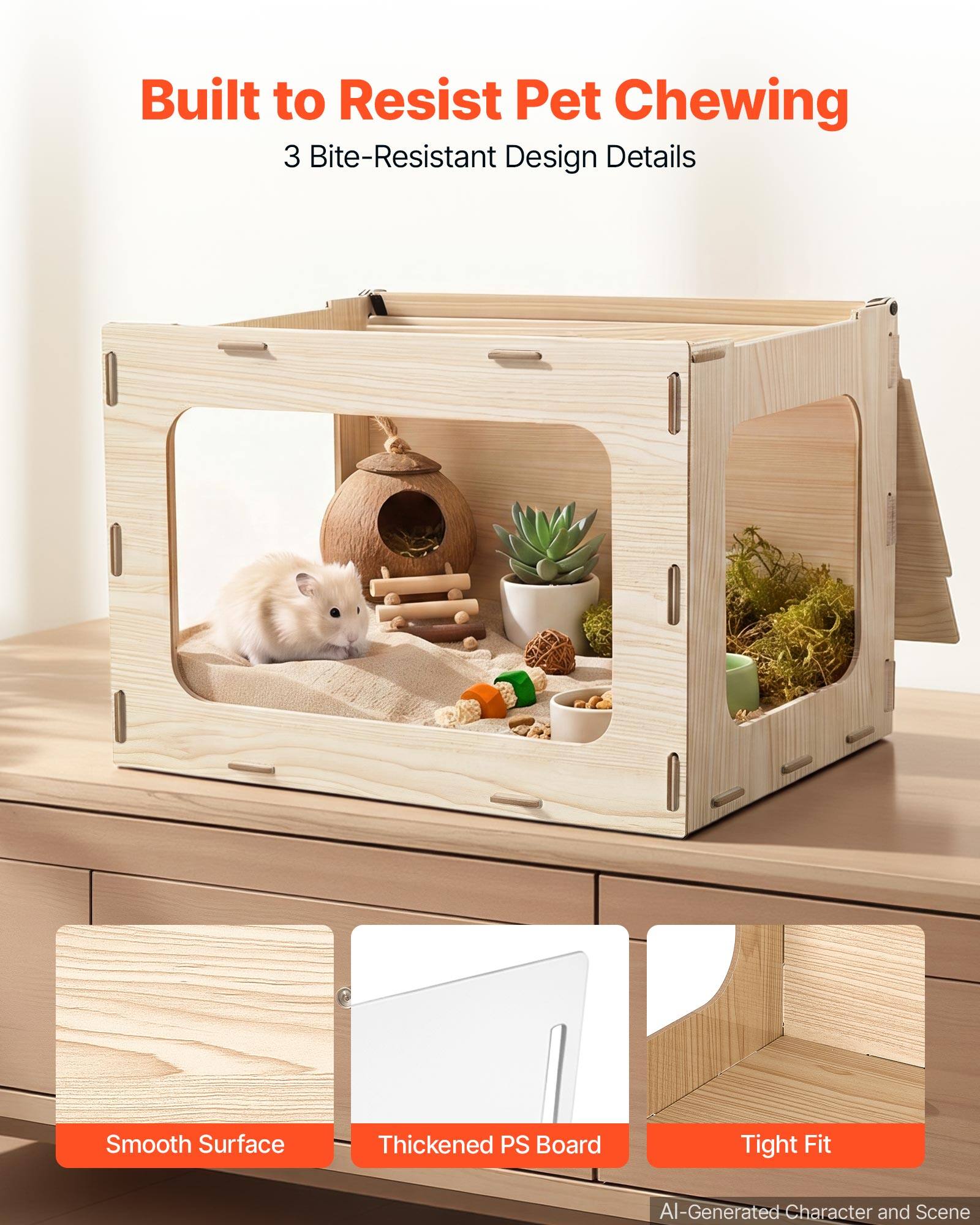 Built to Resist Pet Chewing  
3 Bite-Resistant Design Details  
Smooth Surface  
Thickened PS Board  
Tight Fit  
AI-Generated Character and Scene