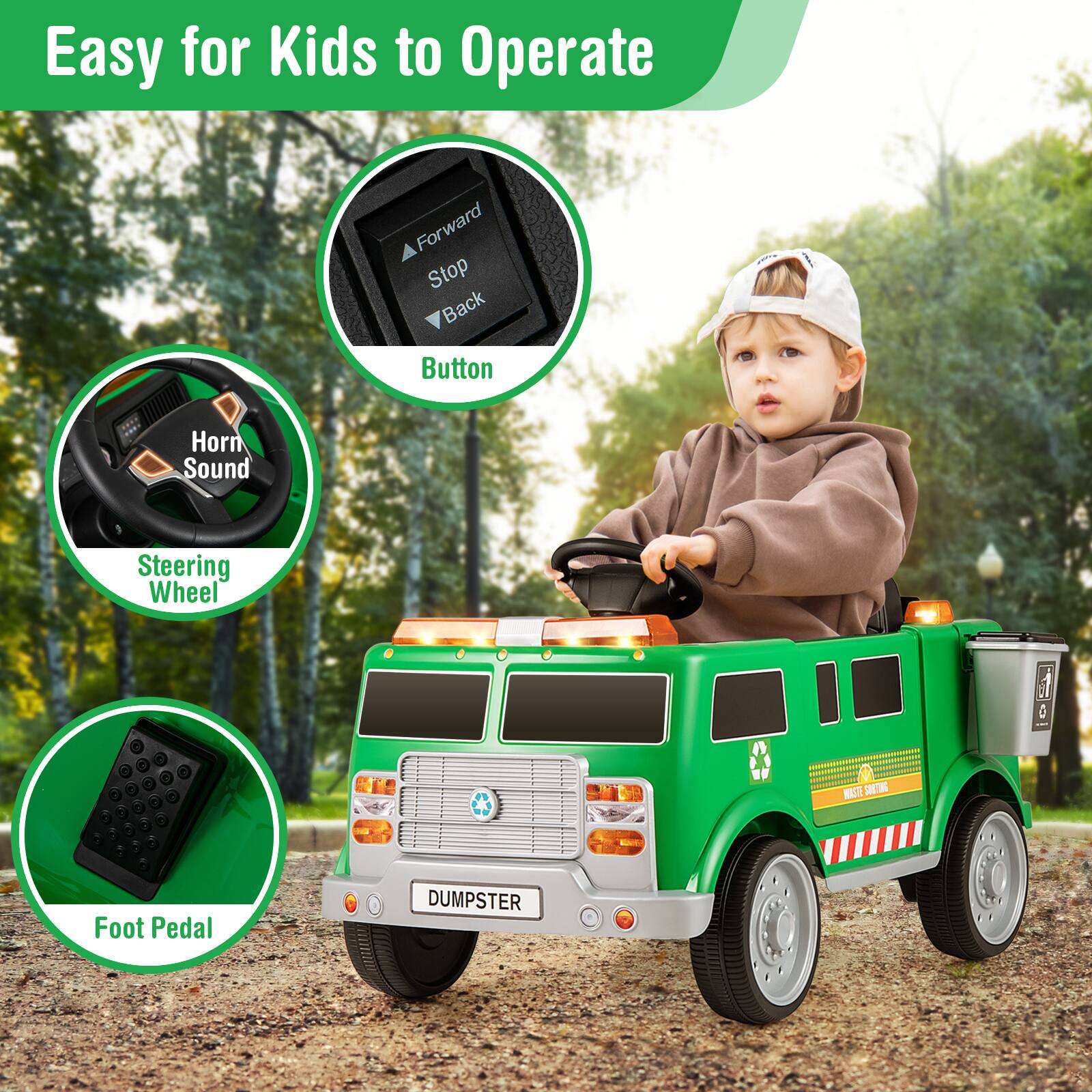 Easy for Kids to Operate

- Forward Stop Back Button
- Horn Sound
- Steering Wheel
- Foot Pedal

DUMPSTER