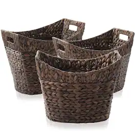Casafield - Set of 3 Water Hyacinth Oval Storage Baskets - Woven Laundry Totes - Espresso