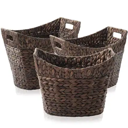 Front. Casafield - Set of 3 Water Hyacinth Oval Storage Baskets - Woven Laundry Totes - Espresso.