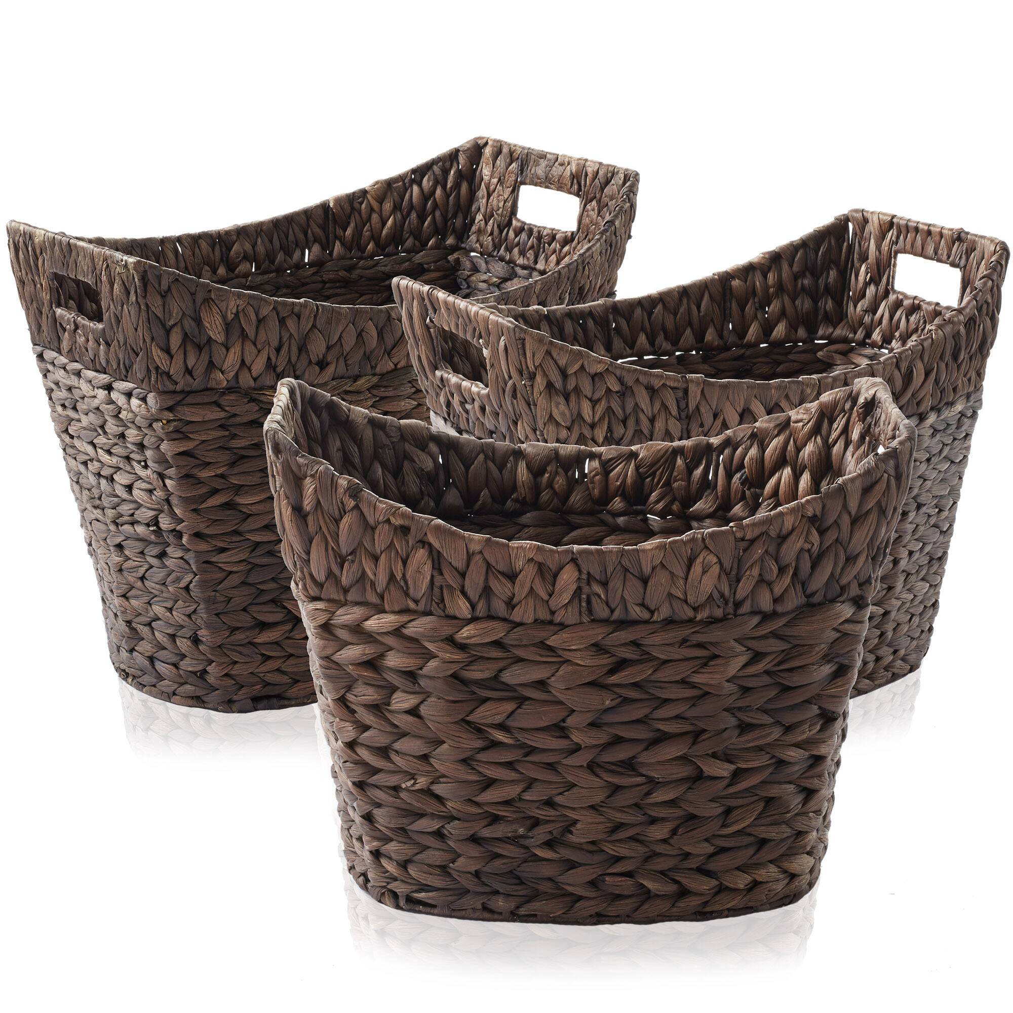 Front. Casafield - Set of 3 Water Hyacinth Oval Storage Baskets - Woven Laundry Totes - Espresso.