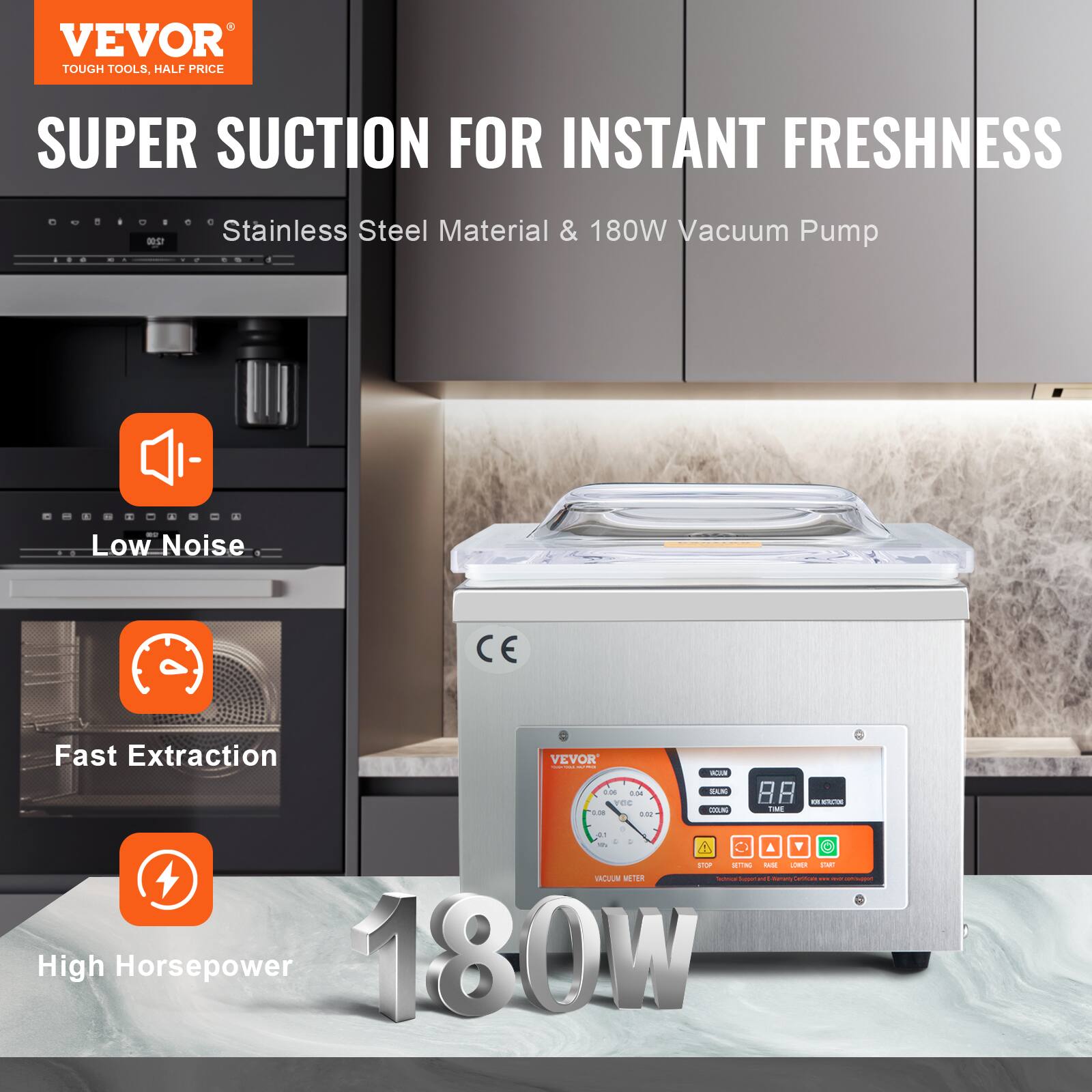 VEVOR TOUGH TOOLS HALF PRICE SUPER SUCTION FOR INSTANT FRESHNESS Stainless Steel Material & 180W Vacuum Pump - Low Noise - Fast Extraction - High Horsepower 180W