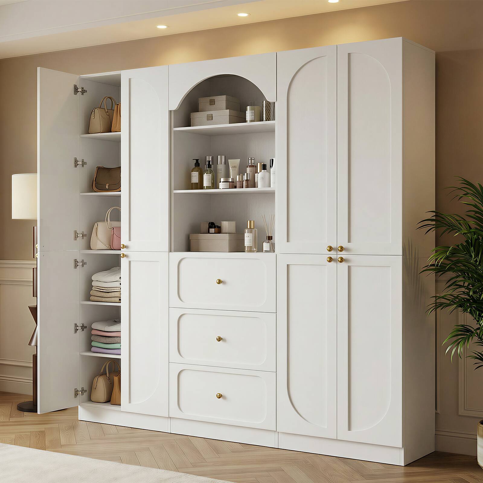 Back. Aheaplus - 80" Arched Kitchen Pantry Sets: Wooden Cupboard, 3 Drawers, 9-Tier Shelves, Kitchen/Living Room ,Ships in 2 Packages - White.