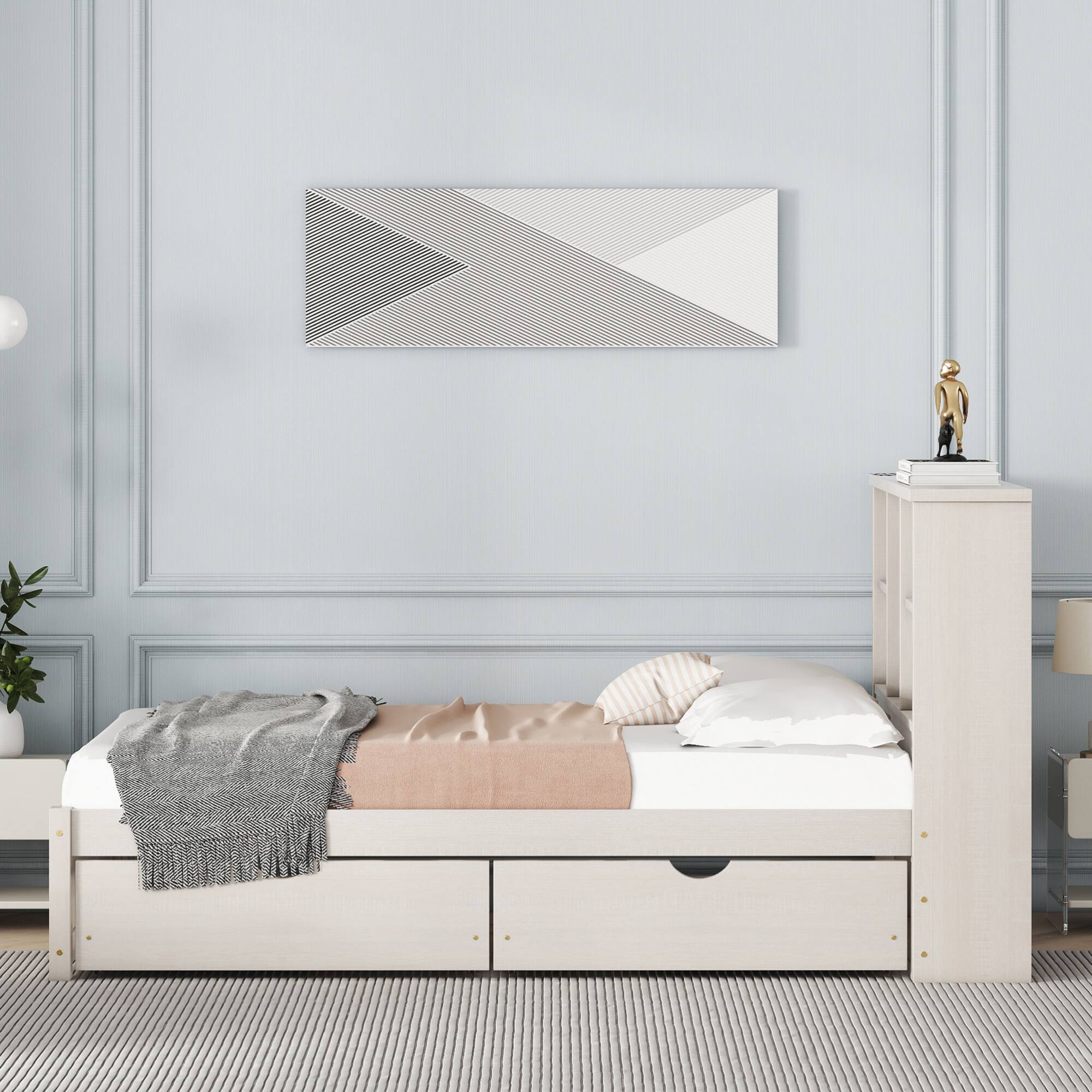 Back. GOODSILO - Contemporary Twin Size Bed Frame with USB Charging Port, Bookcase Headboard, and Underbed Storage Drawers - White Washed.