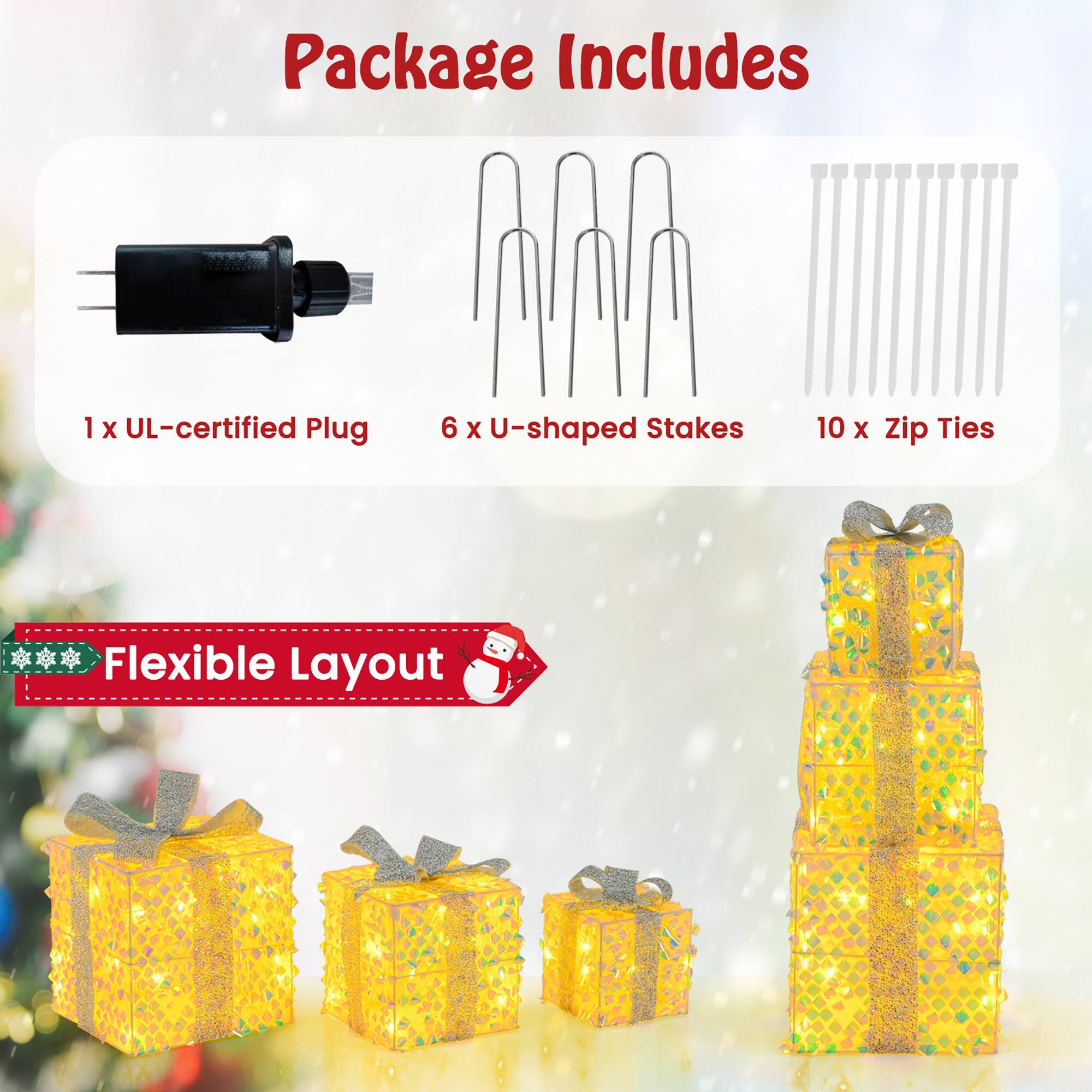 Package Includes

1 x UL-certified Plug  
6 x U-shaped Stakes  
10 x Zip Ties  

Flexible Layout