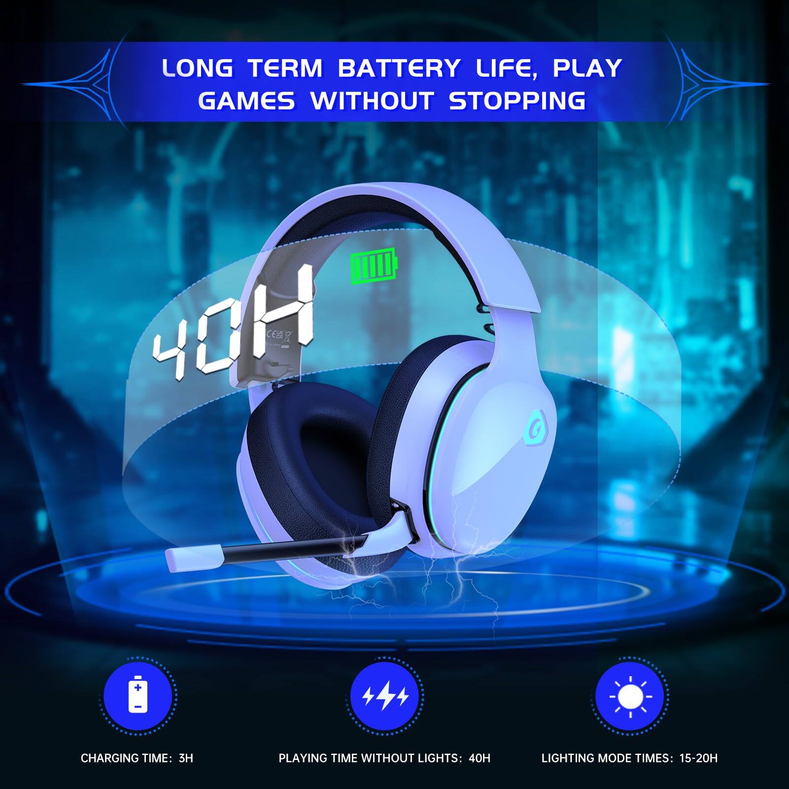 LONG TERM BATTERY LIFE, PLAY GAMES WITHOUT STOPPING

CHARGING TIME: 3H  
PLAYING TIME WITHOUT LIGHTS: 40H  
LIGHTING MODE TIMES: 15-20H