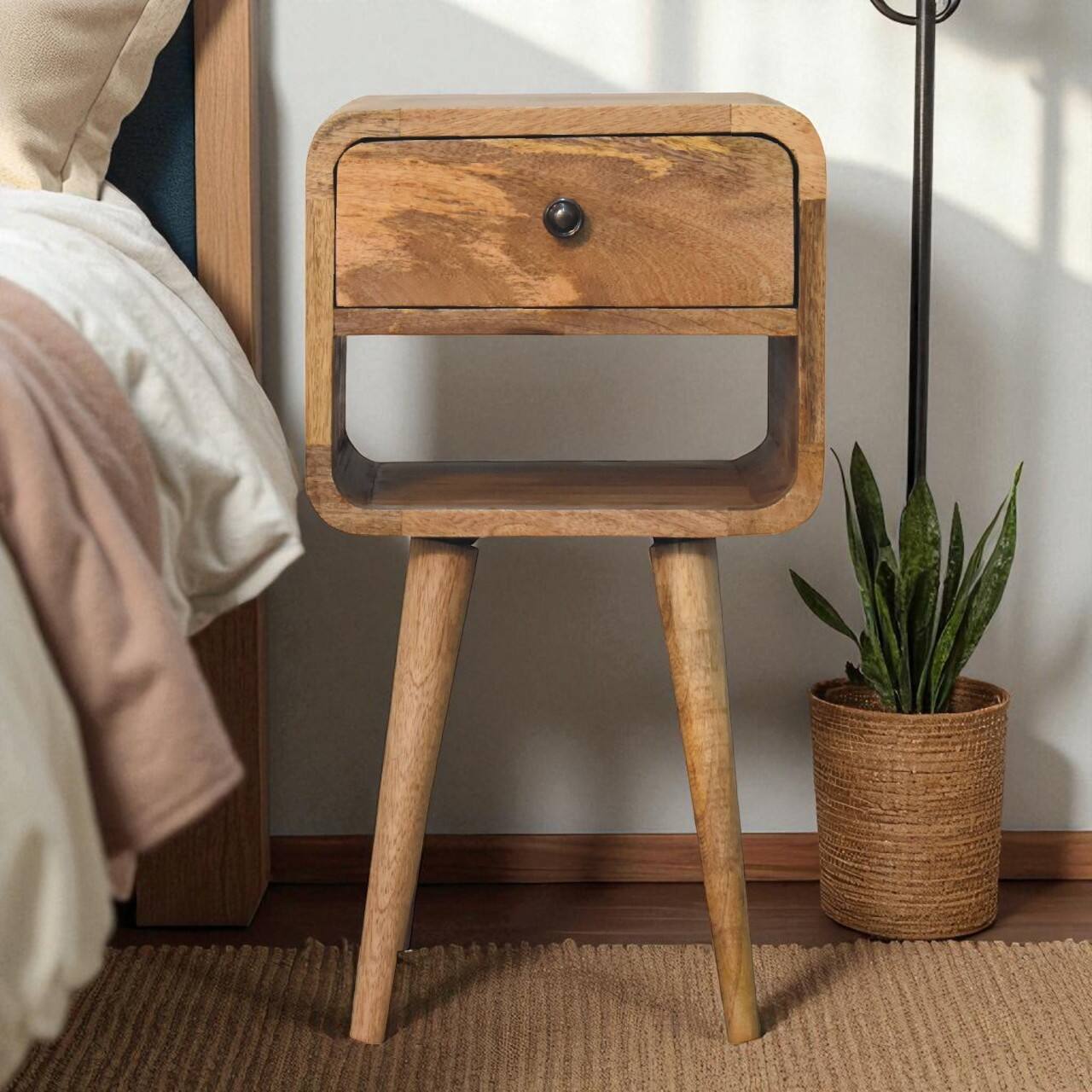 Angle. Artisan Furniture - Artisan Furniture Solid Wood Mini Oak-ish Curve Lower Nightstand, 1 Drawer, 1 Open-slot, Nordic legs, Brown - Oak.