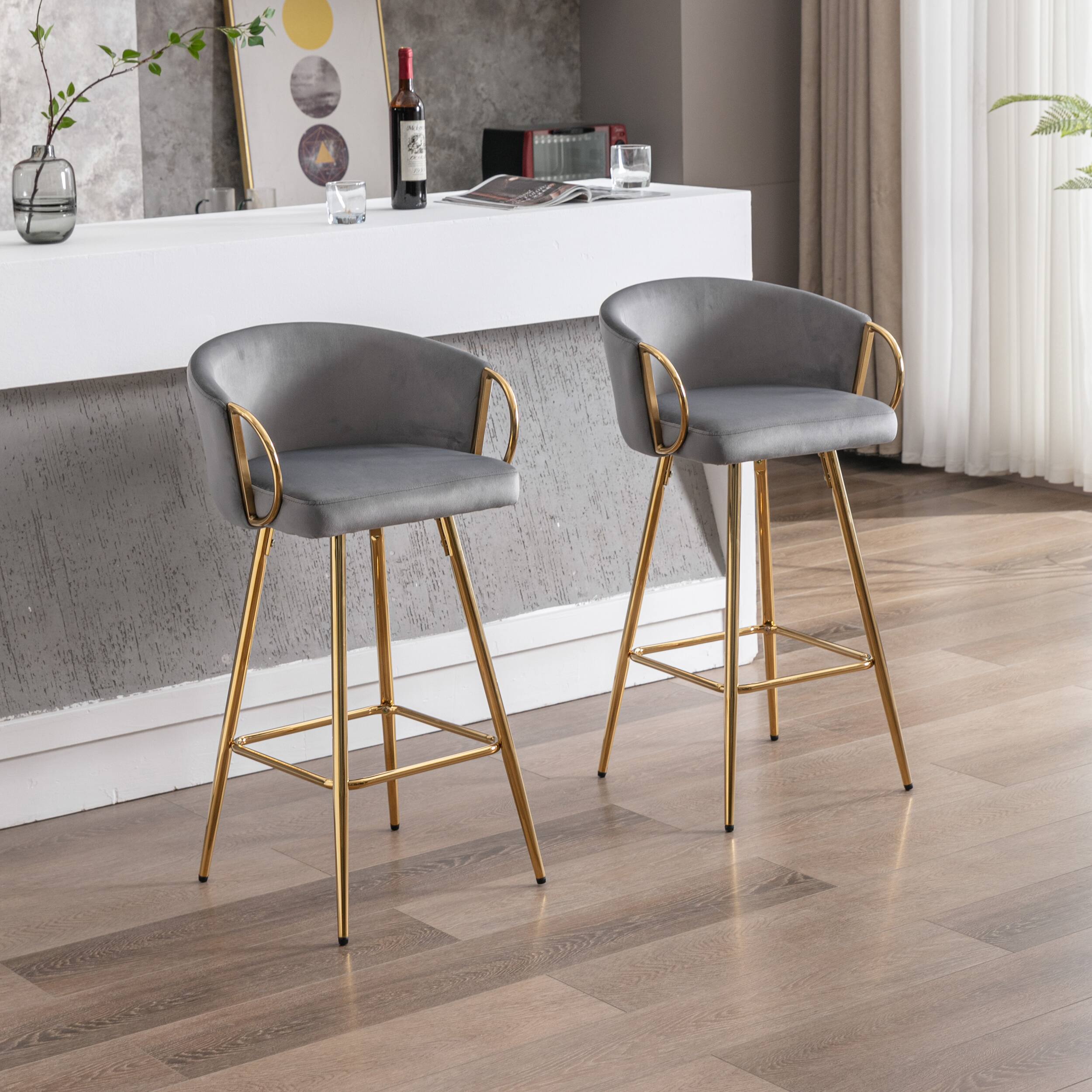 Left. APRILSOUL - 30 Inch Set of 2 Bar Stools Chrome Footrest Base Velvet Golden Leg Simple GRAY - Gray.