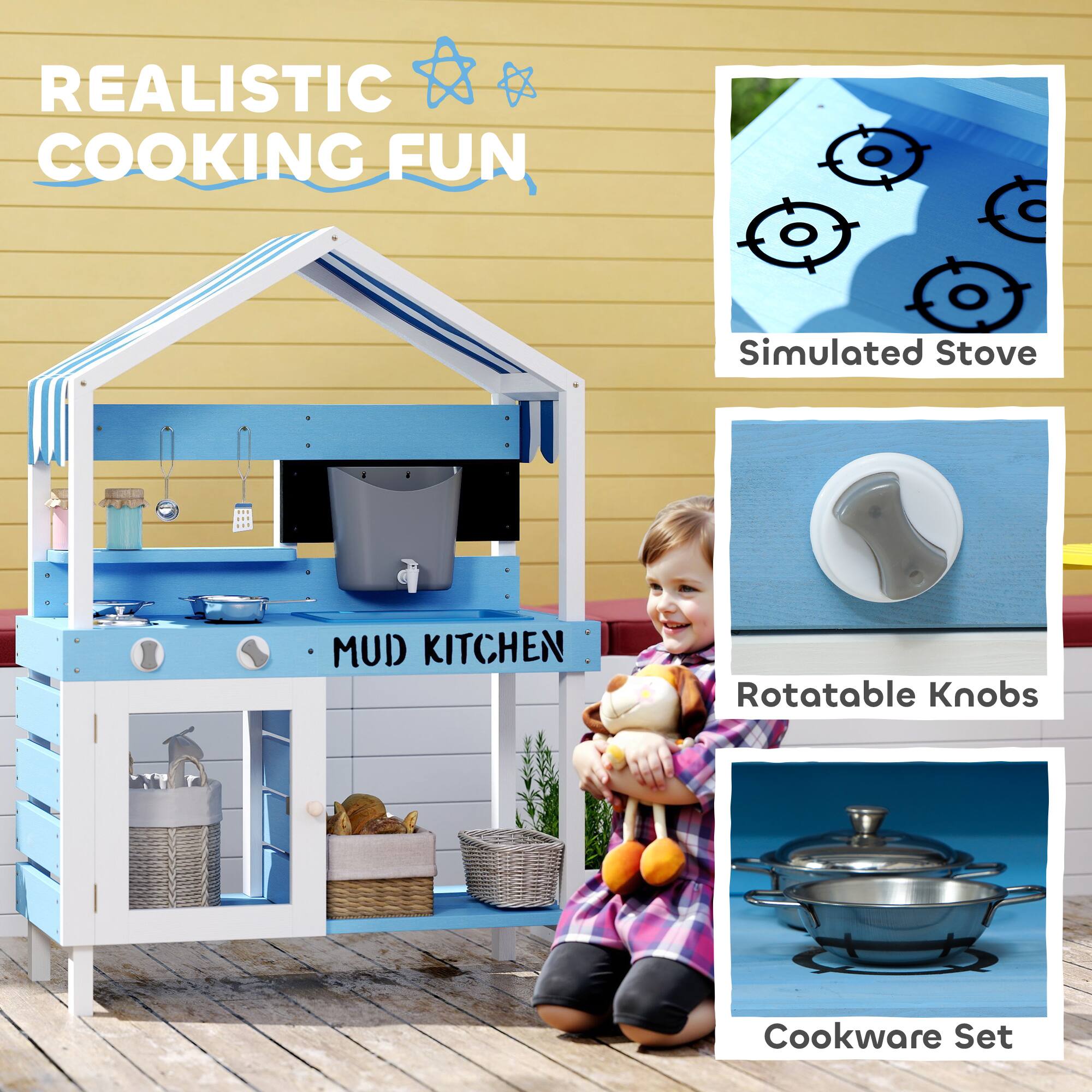 REALISTIC COOKING FUN

MUD KITCHEN

Simulated Stove

Rotatable Knobs

Cookware Set