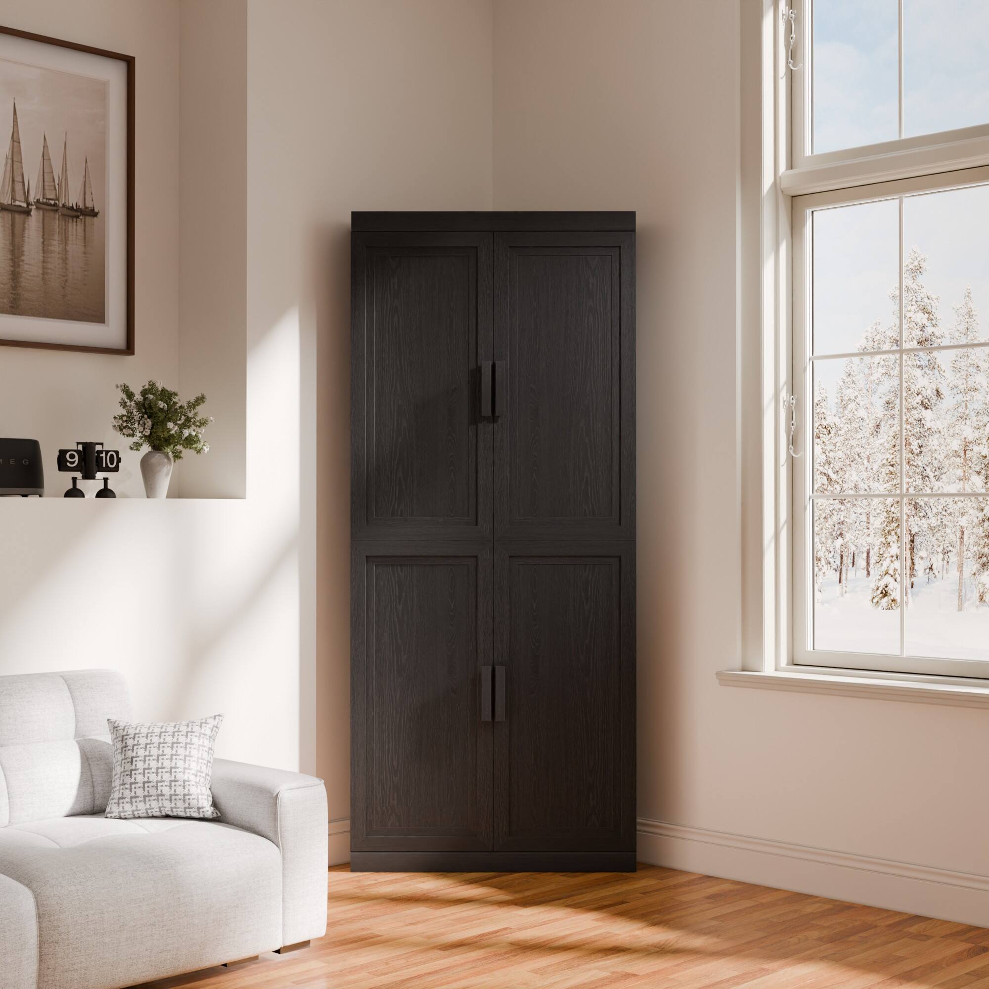 Alt View 1. PexFix - 72" Farmhouse Corner Accent Storage Cabinet with Solid Wood Doors and Adjustable Shelves for Space-Saving - Black.