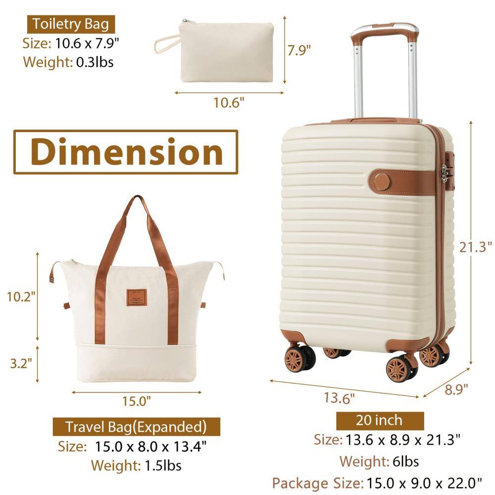 Toiletry Bag  
Size: 10.6" x 7.9"  
Weight: 0.3lbs  

Travel Bag (Expanded)  
Size: 15.0" x 8.0" x 13.4"  
Weight: 1.5lbs  

20 inch  
Size: 13.6" x 8.9" x 21.3"  
Weight: 6lbs  

Package Size: 15.0" x 9.0" x 22.0"