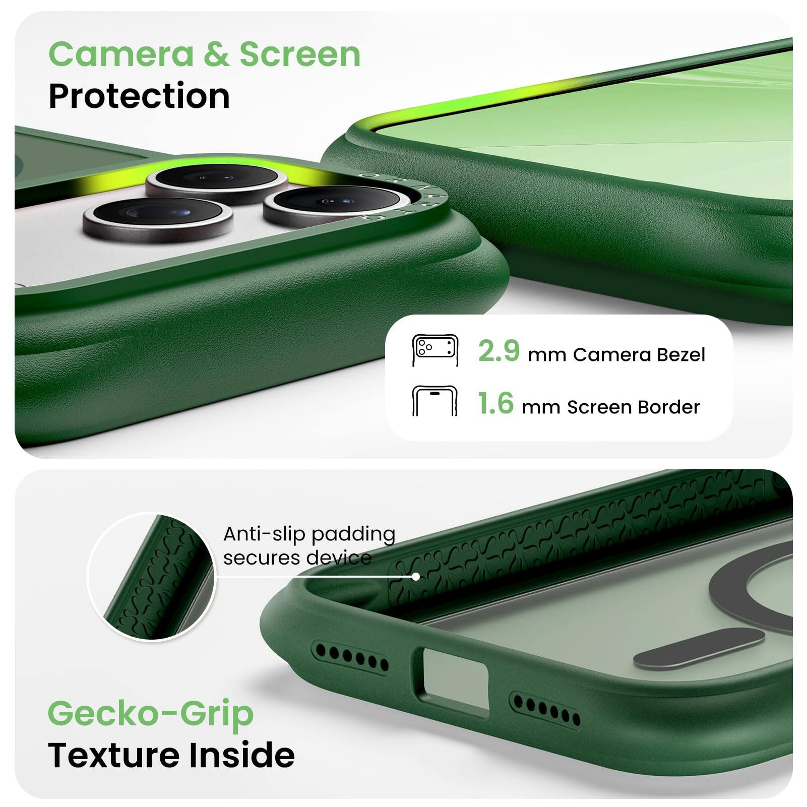 Camera & Screen Protection

2.9 mm Camera Bezel

1.6 mm Screen Border

Anti-slip padding secures device

Gecko-Grip Texture Inside