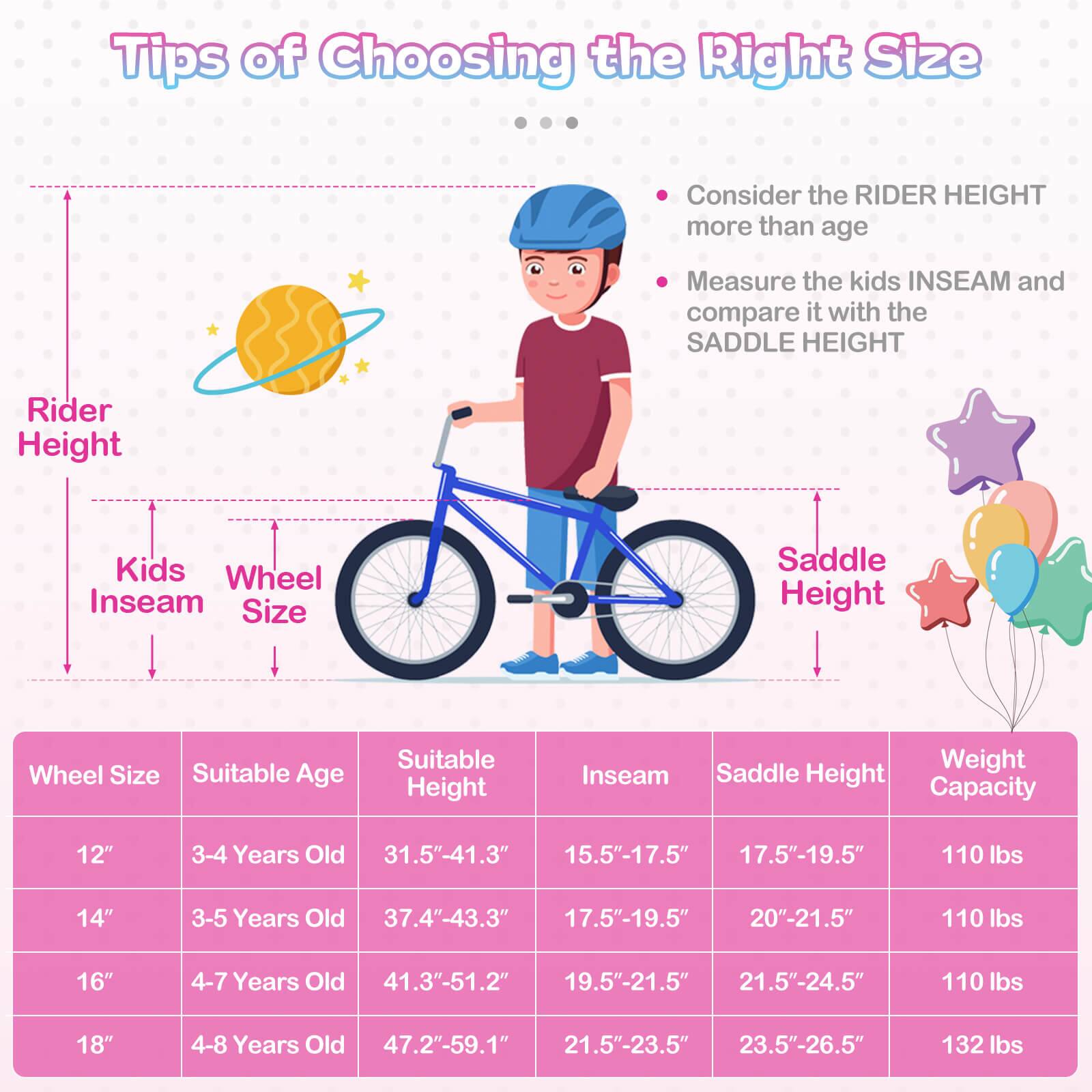 Tips of Choosing the Right Size

- Consider the RIDER HEIGHT more than age
- Measure the kids INSEAM and compare it with the SADDLE HEIGHT

| Wheel Size | Suitable Age | Suitable Height | Inseam | Saddle Height | Weight Capacity |
|------------|--------------|----------------|--------|---------------|----------------|
| 12"        | 3-4 Years Old | 31.5"-41.3"     | 15.5"-17.5" | 17.5"-19.5"    | 110 lbs        |
| 14"        | 3-5 Years Old | 37.4"-43.3"     | 17.5"-19.5" | 20"-21.5"      | 110 lbs        |
| 16"        | 4-7 Years Old | 41.3"-51.2"     | 19.5"-21.5" | 21.5"-24.5"    | 110 lbs        |
| 18"        | 4-8 Years Old
