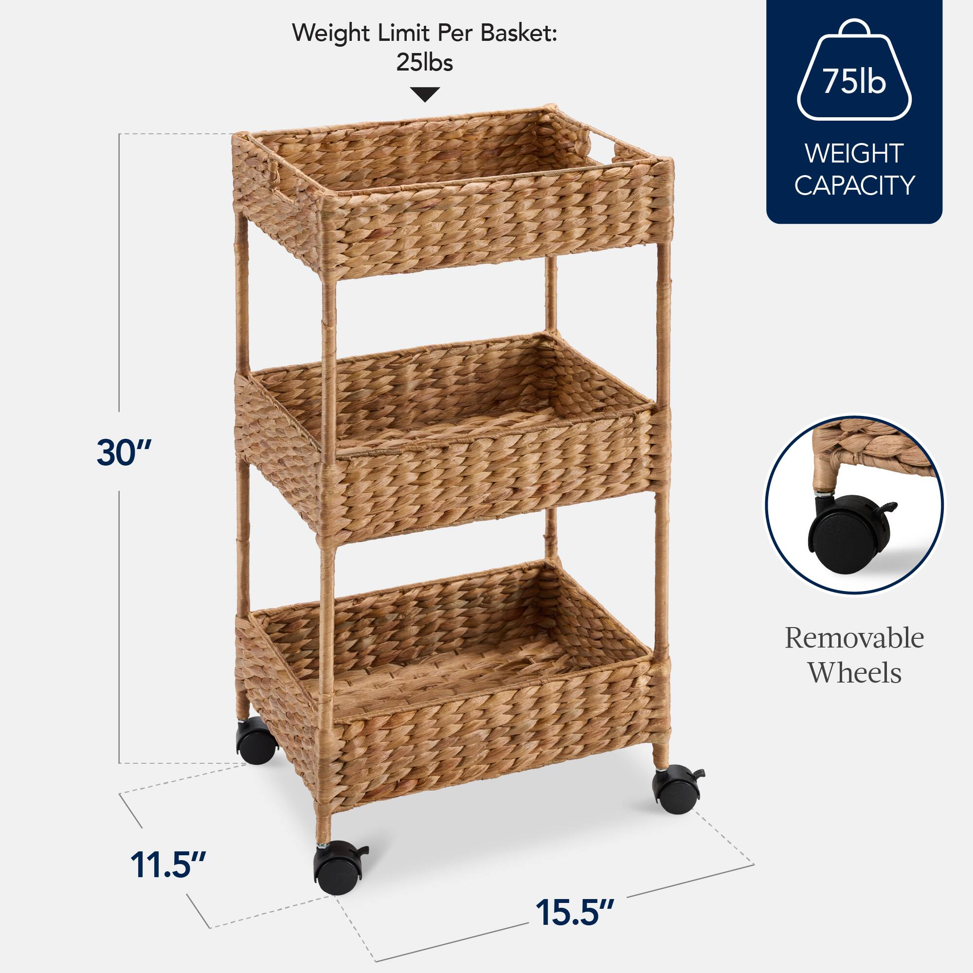Weight Limit Per Basket: 25lbs  
75lb WEIGHT CAPACITY  
30"  
11.5"  
15.5"  
Removable Wheels