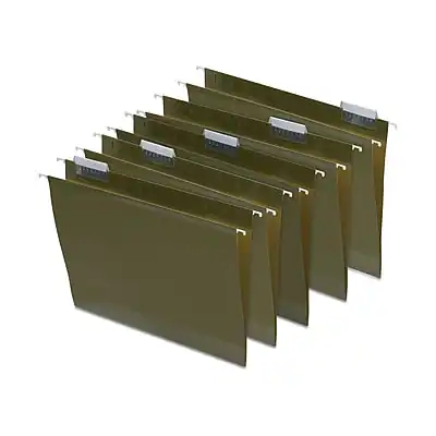 Front. Staples - Reinforced Box Bottom Hanging File Folder, 2" Expansion, 1/5-Cut Tab, Letter Size, 25/Box - Standard Green.