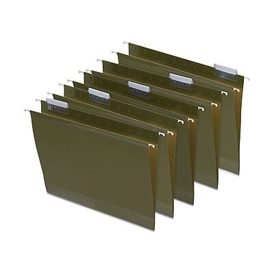 Front. Staples - Reinforced Box Bottom Hanging File Folder, 2" Expansion, 1/5-Cut Tab, Letter Size, 25/Box - Standard Green.