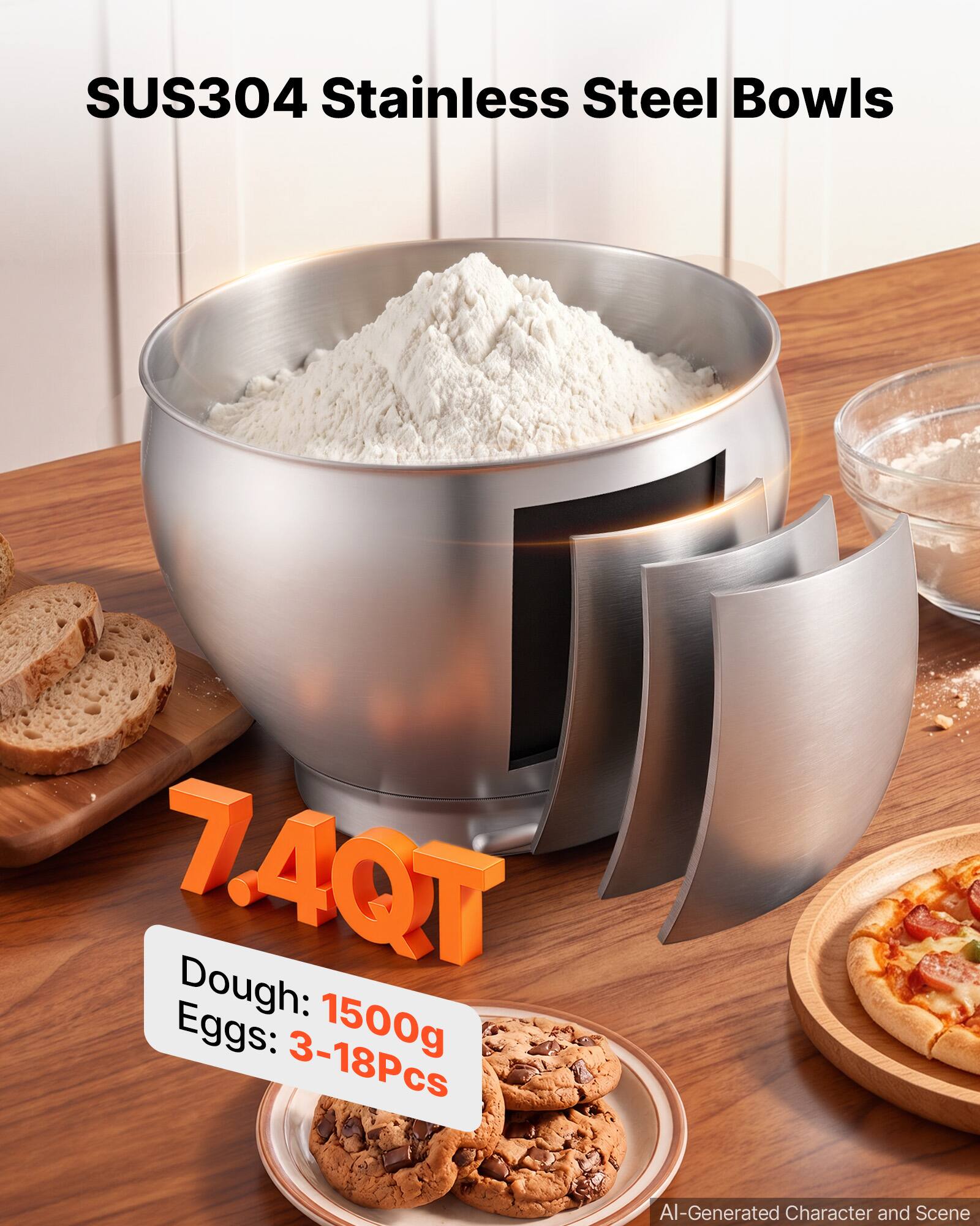 SUS304 Stainless Steel Bowls  
7.4QT  
Dough: 1500g  
Eggs: 3-18Pcs  
AI-Generated Character and Scene