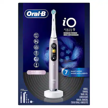 Oral-B iO SERIES 9 SERIE RECHARGEABLE TOOTHBRUSH BROSSE À DENTS RECHARGEABLE MELLO - ROSE QUARTZ QUARTZ ROSE
7 SMART MODES MODES INTELLIGENTS
INSIDE A L'INTERIEUR HANDLE, CHARGER, TRAVEL CASE, 4 BRUSH HEADS MANCHE, CHARGEUR, ÉTUI DE VOYAGE, 4 BROSSETTES