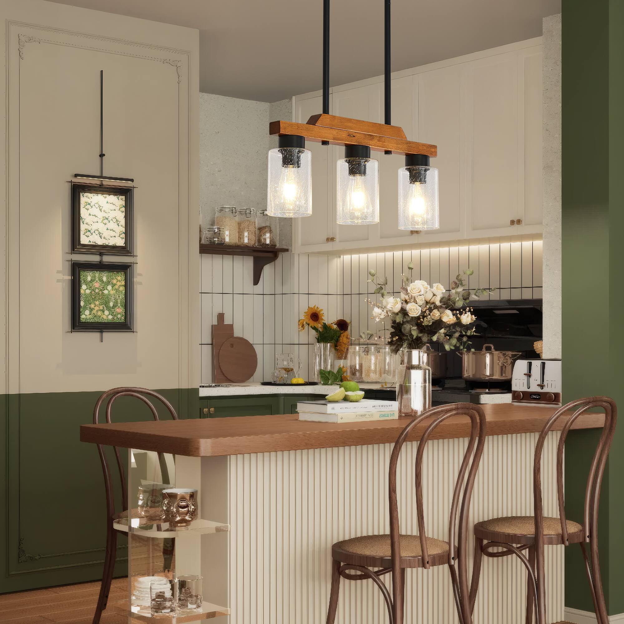 Left. RYHNUYNE - 3-Light Rustic Chandelier 20 Inch Wood Linear Pendant Light with Seed Glass Shades Adjustable Farmhouse Island Lighting.