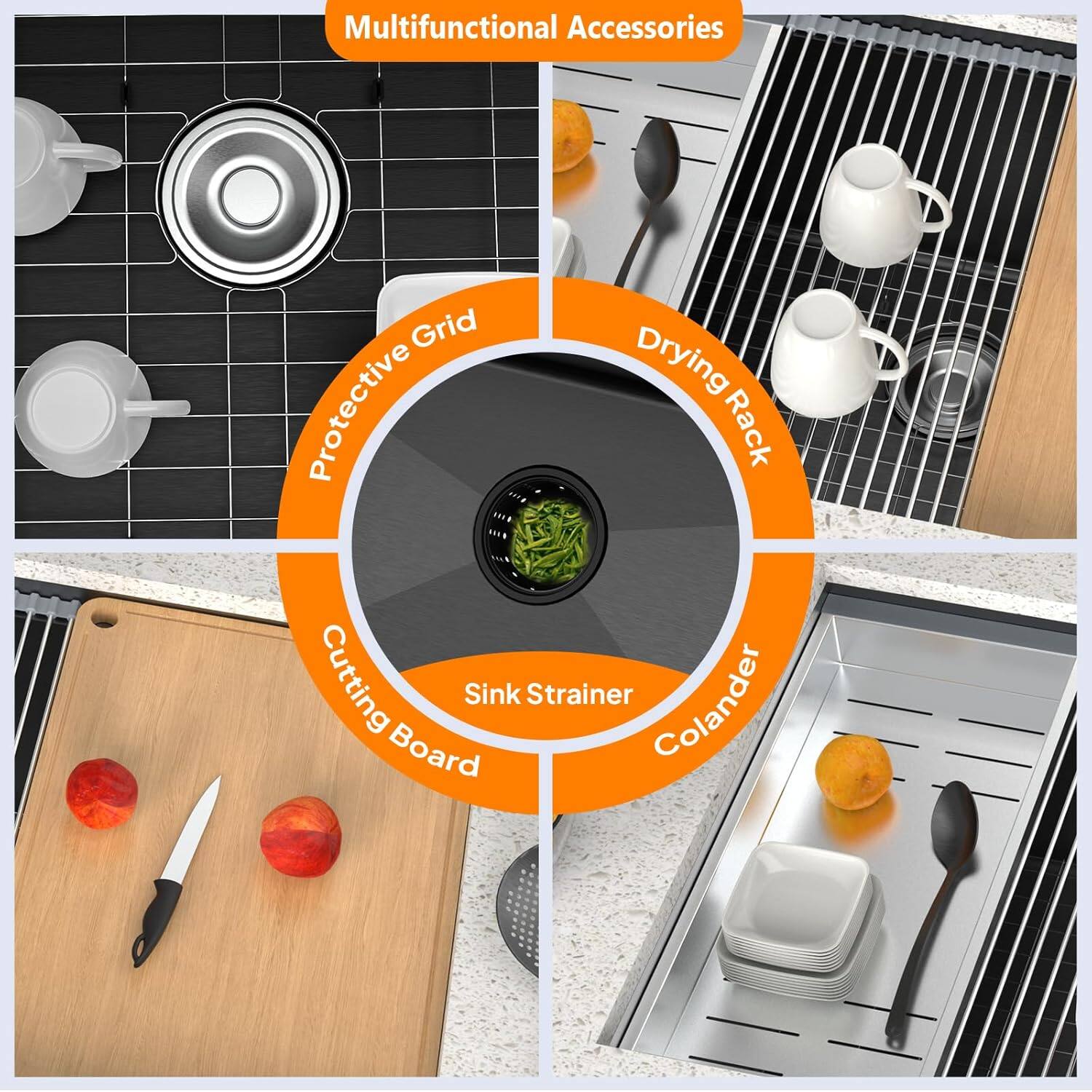 Multifunctional Accessories: Protective Grid, Drying Rack, Cutting Board, Sink Strainer, Colander