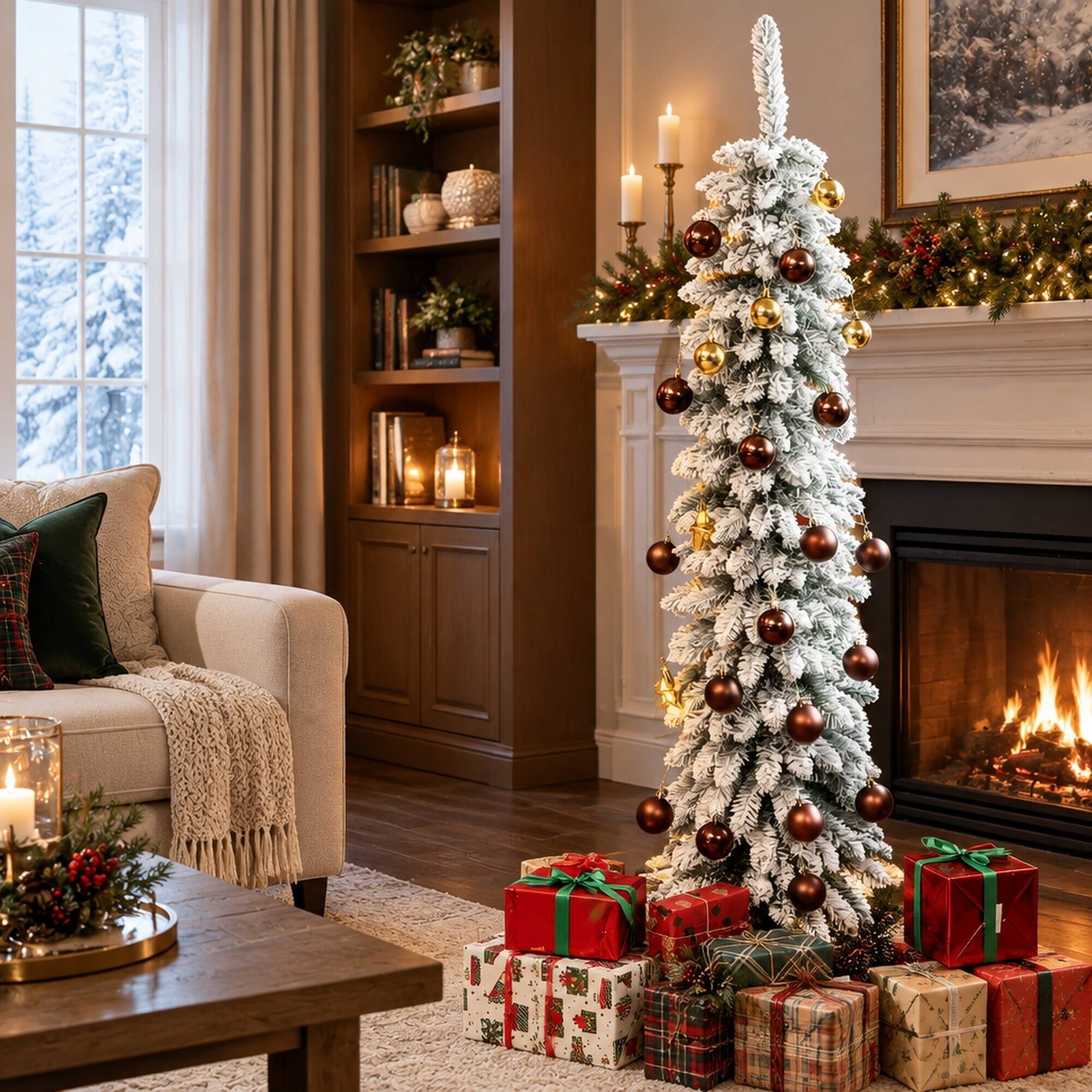Left. RYHNUYNE - 5FT Unlit Flocked Slim Pencil Christmas Tree With 301 Realistic Snow Tips - Green.