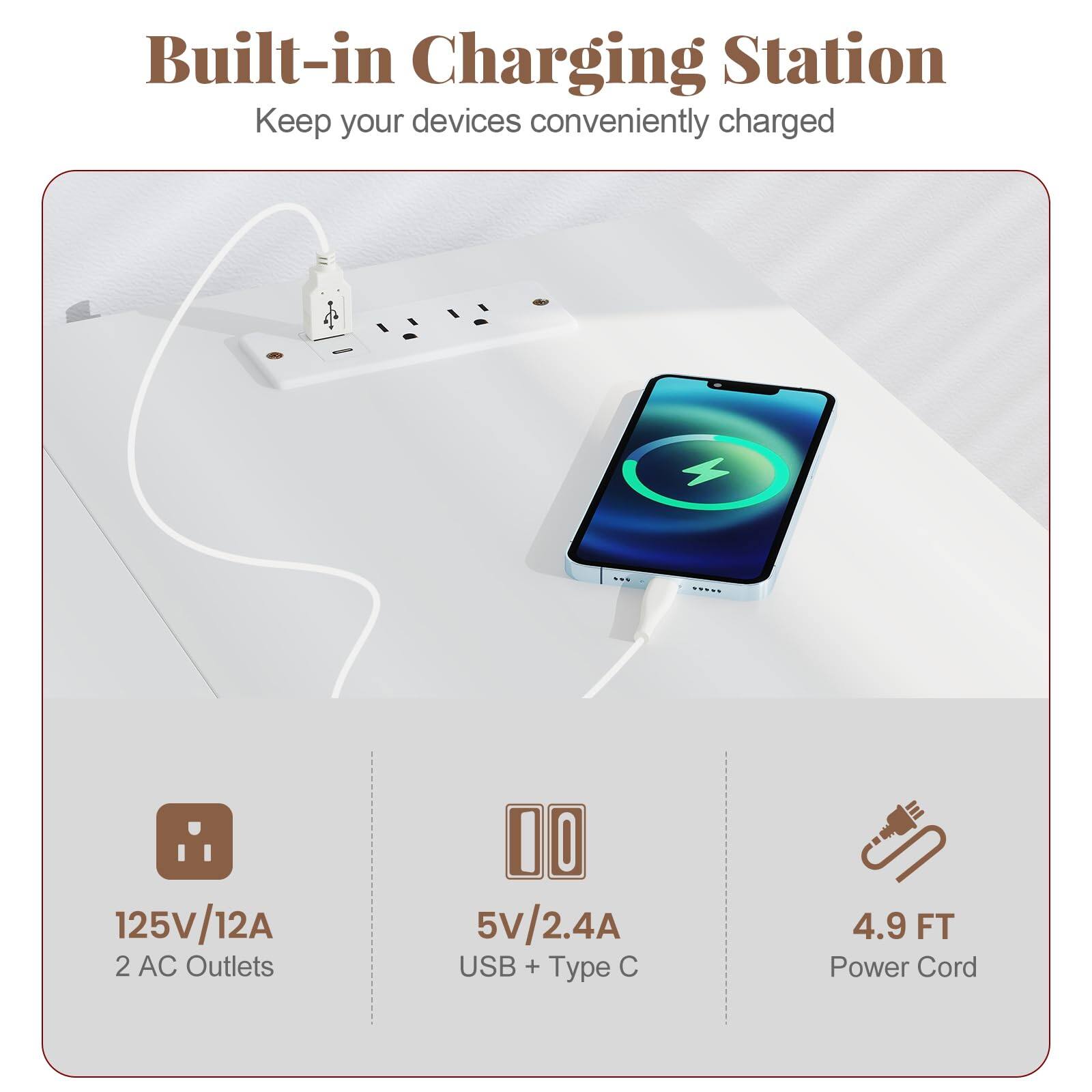 Built-in Charging Station  
Keep your devices conveniently charged  

125V/12A  
2 AC Outlets  

5V/2.4A  
USB + Type C  

4.9 FT Power Cord