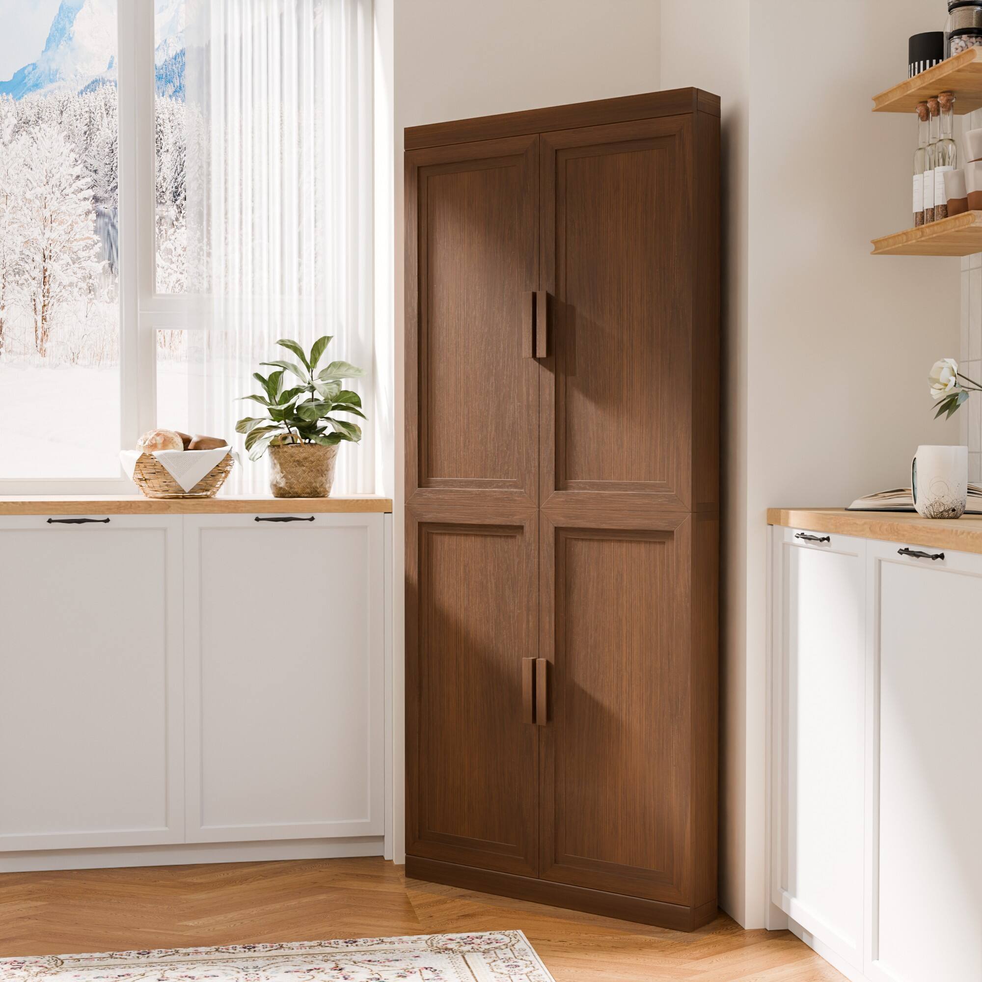 Alt View 2. PexFix - 72" Farmhouse Corner Accent Storage Cabinet with Solid Wood Doors and Adjustable Shelves for Space-Saving - Walnut.