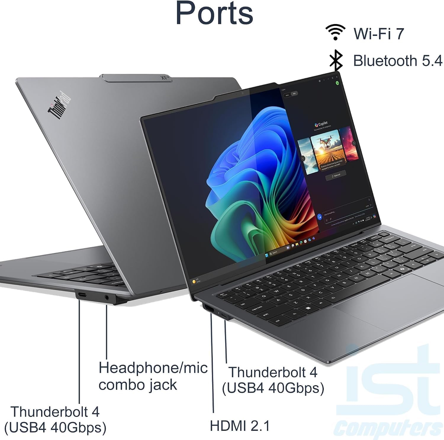 Ports  
Wi-Fi 7  
Bluetooth 5.4  
Headphone/mic combo jack  
Thunderbolt 4 (USB4 40Gbps)  
Thunderbolt 4 (USB4 40Gbps)  
HDMI 2.1