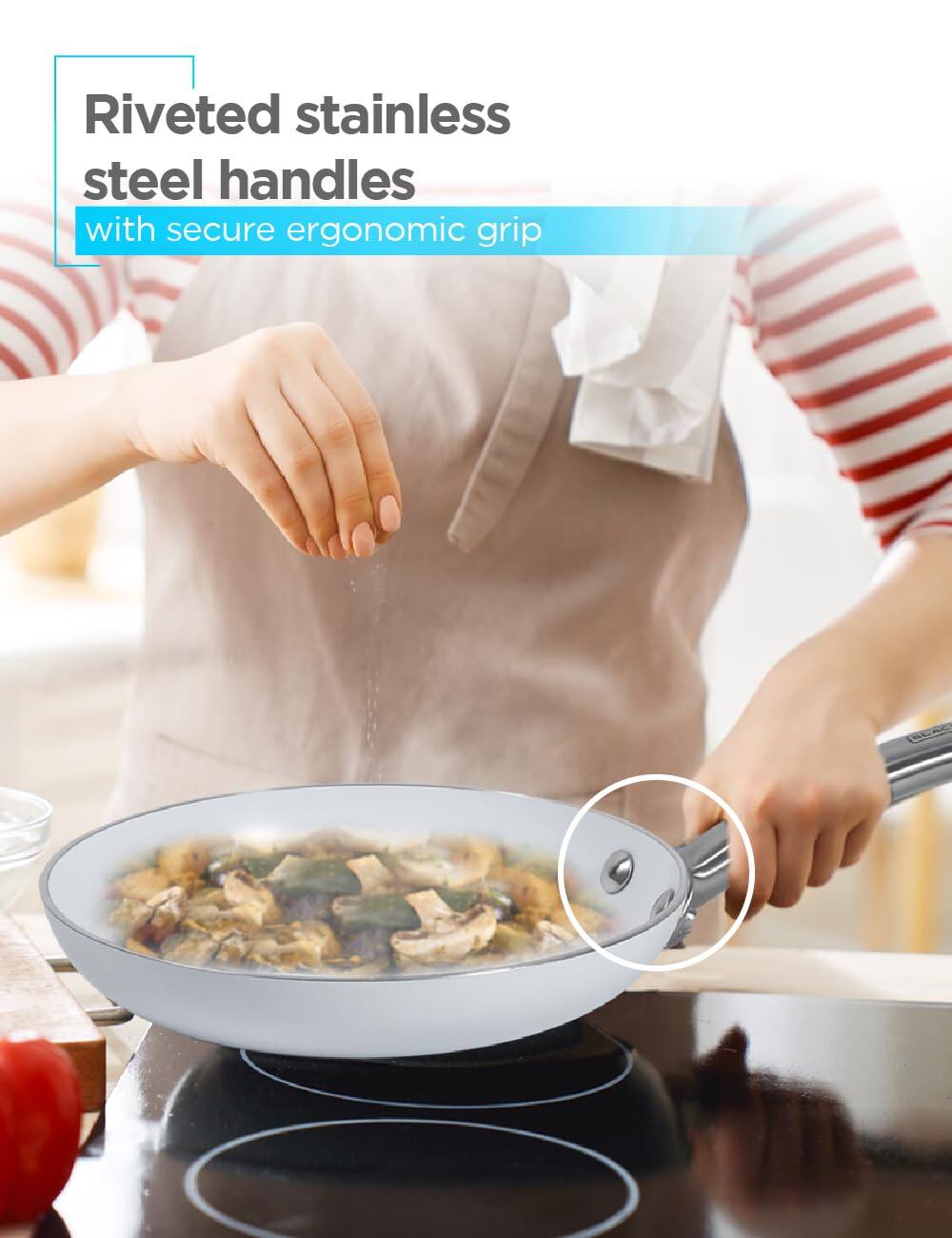 Riveted stainless steel handles with secure ergonomic grip