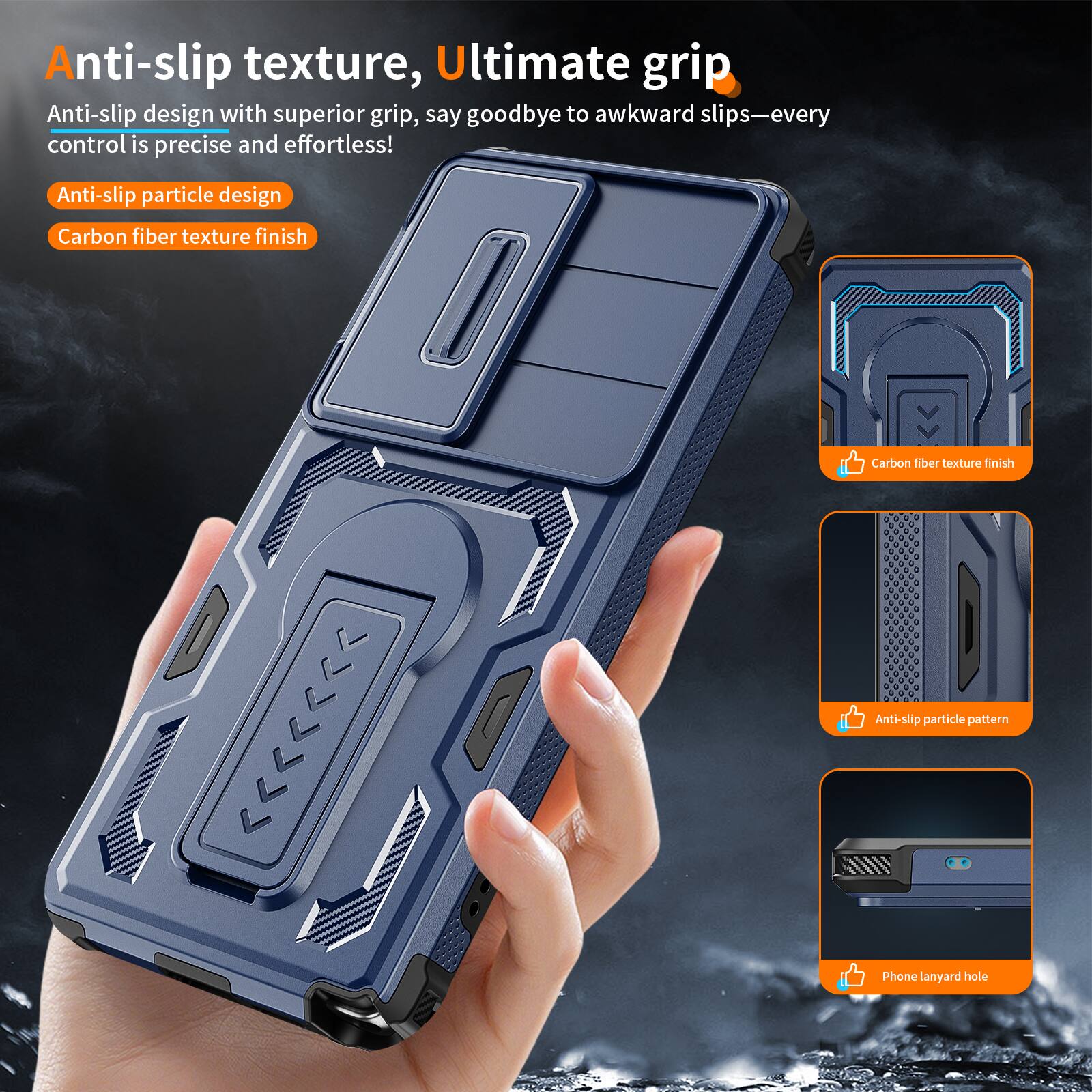 Anti-slip texture, Ultimate grip

Anti-slip design with superior grip, say goodbye to awkward slips—every control is precise and effortless!

- Anti-slip particle design
- Carbon fiber texture finish

- Carbon fiber texture finish
- Anti-slip particle pattern
- Phone lanyard hole