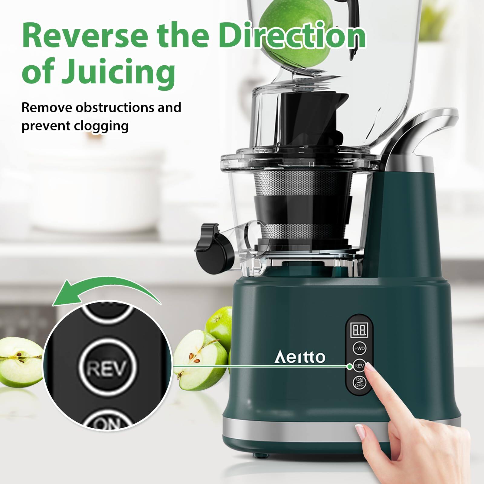 Reverse the Direction of Juicing  
Remove obstructions and prevent clogging  

8.8 REV Aeitto WD REV ON