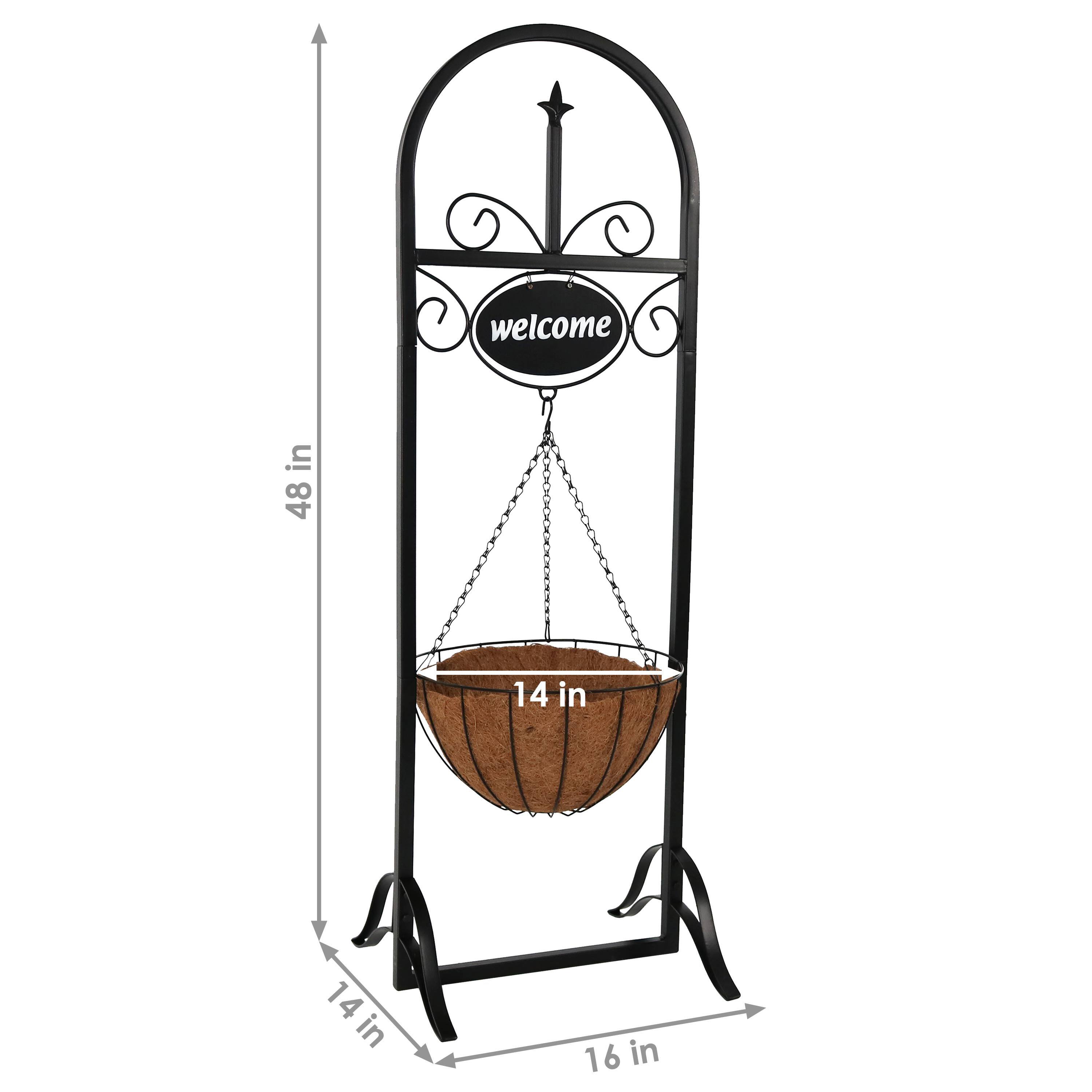 Alt View 2. Sunnydaze - Iron Frame Hanging Basket Planter with Welcome Sign - 48 in - Black.